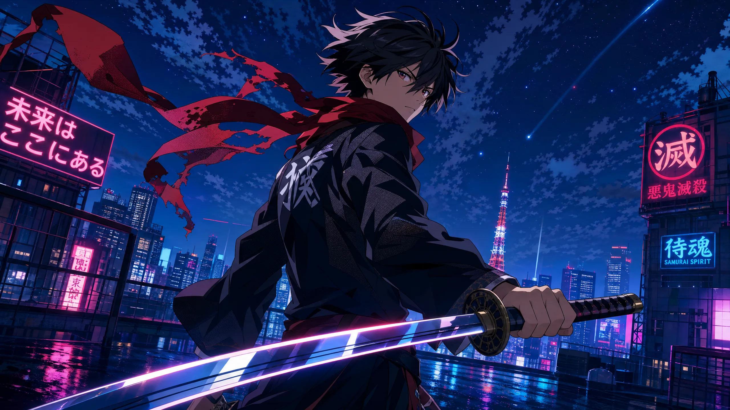 Shounen anime key visual of a teenage swordsman with windswept hair and red scarf in a low-angle hero pose on a neon Tokyo rooftop, cel shaded with Makoto Shinkai cinematic depth