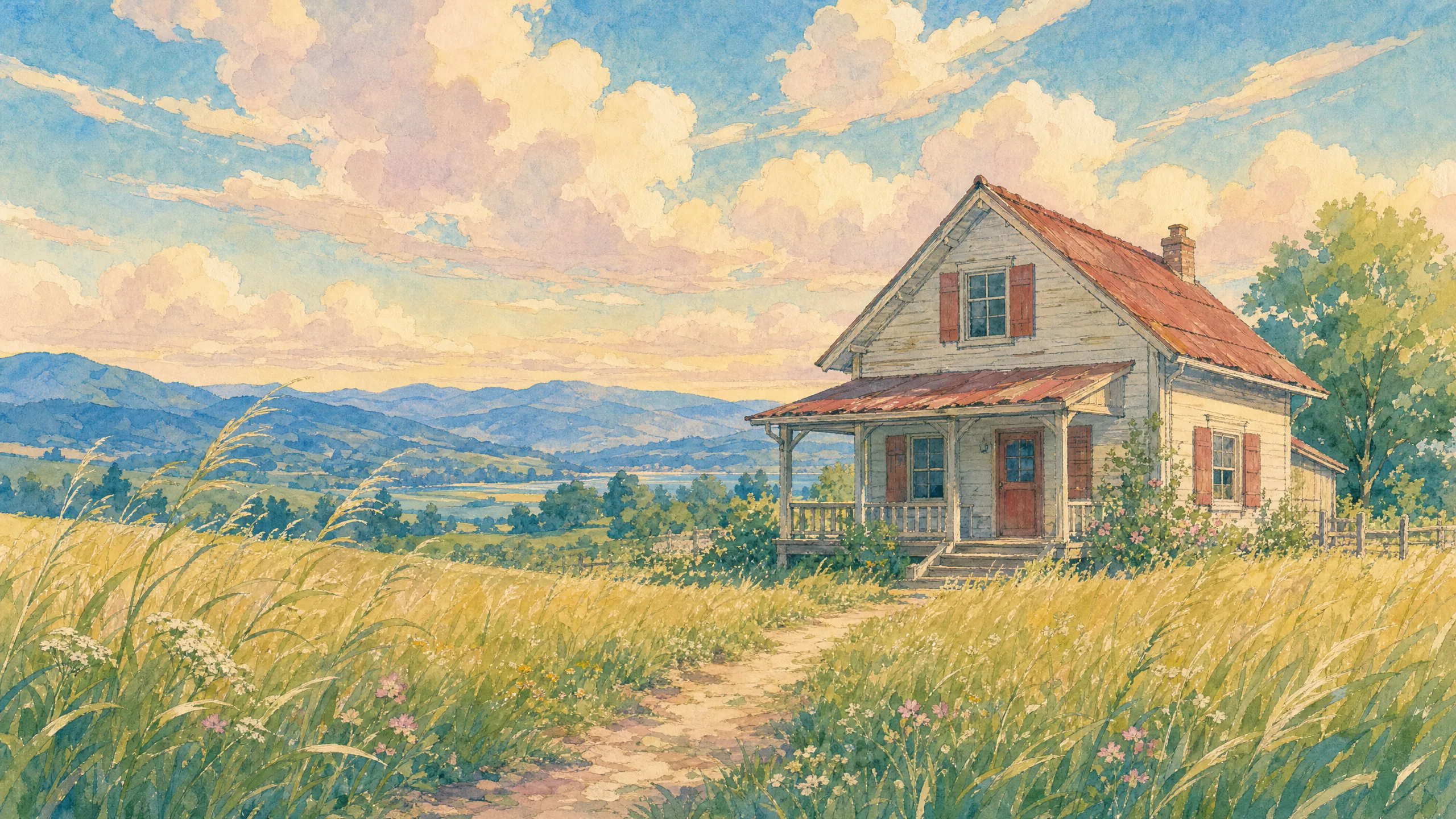Pastoral Studio Ghibli summer landscape with a small wooden farmhouse in a tall grass meadow, painted in the Kazuo Oga background style with hand-rendered watercolor cumulus clouds