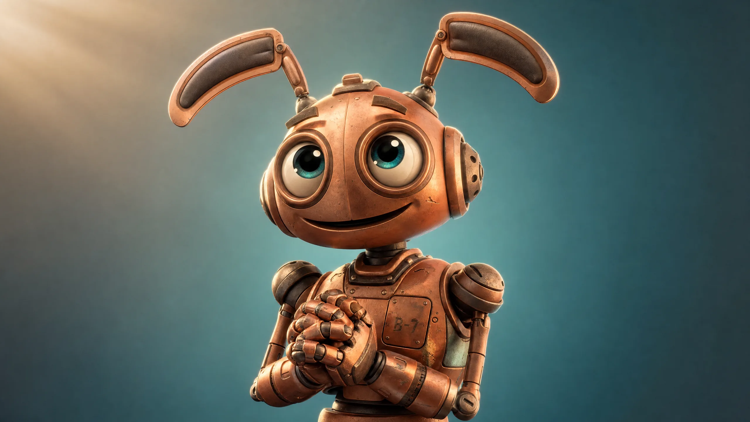 Pixar-style 3D rendered anthropomorphic copper robot named B-7 with oversized round optical eyes, hero shot framing, subsurface scattering, volumetric morning key light