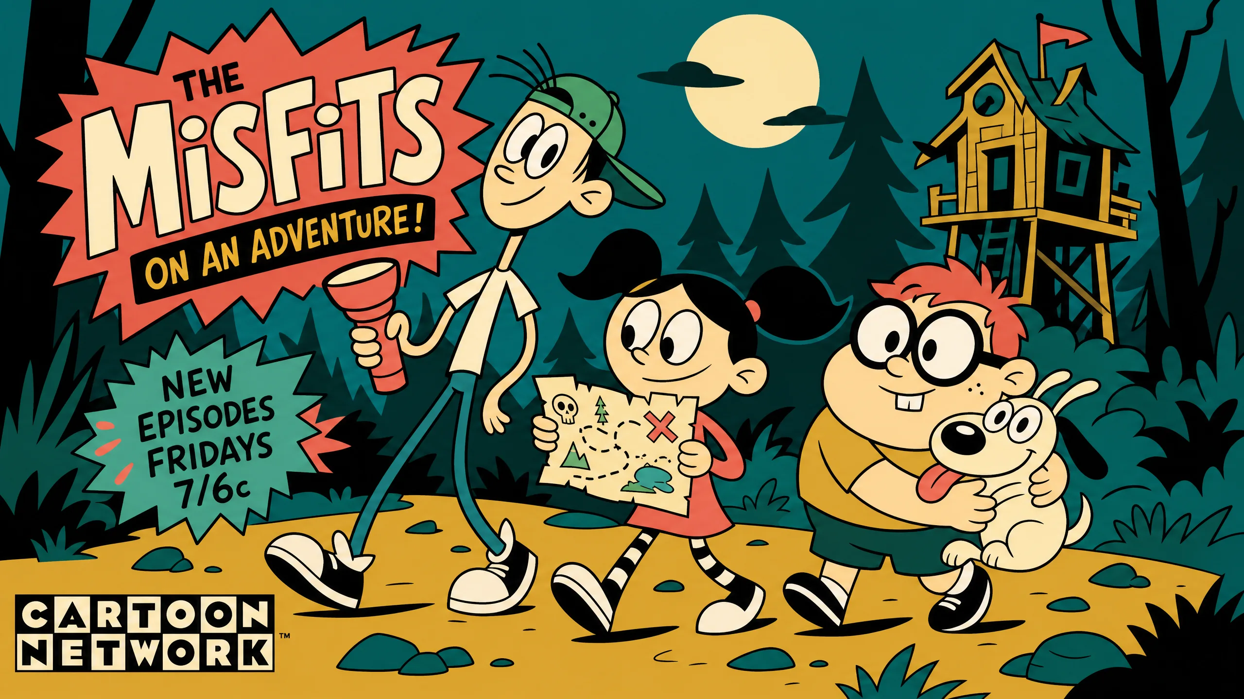 1990s Cartoon Network style poster of three misfit kids on a forest adventure with thick uniform 2-pixel black outlines, flat color fills, and Craig McCracken proportions