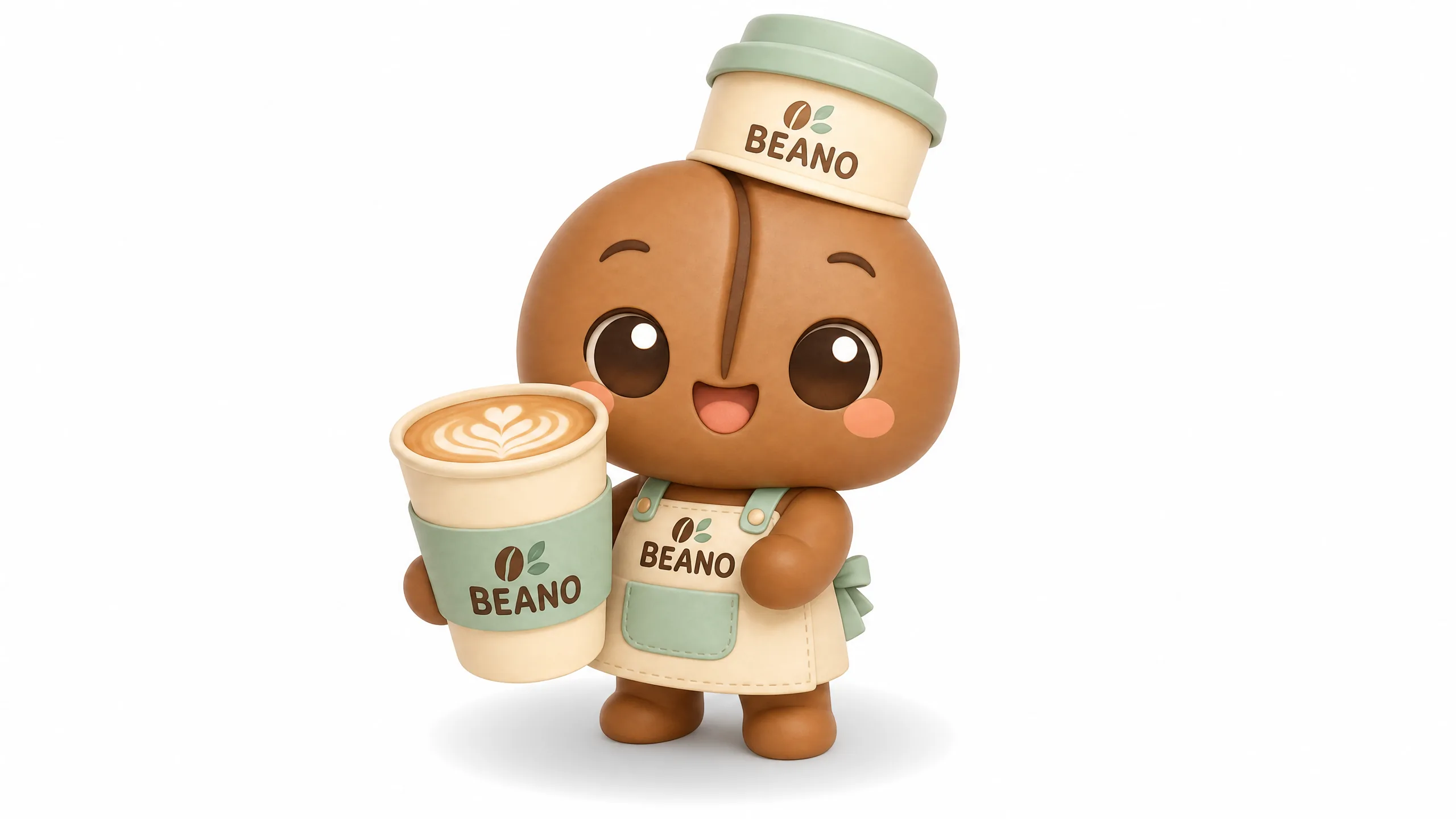 BEANO coffee brand chibi mascot of a smiling roasted coffee bean character with two-head-tall proportions, barista apron, paper cup hat, and Good Smile Company Nendoroid aesthetic