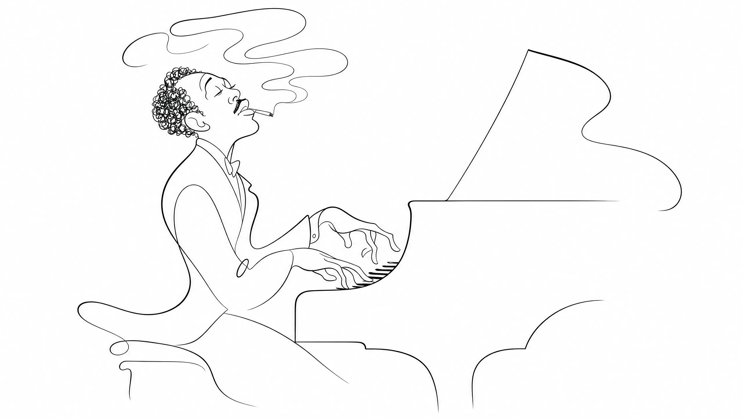 Pure line art editorial caricature of a jazz musician mid-arpeggio at a grand piano with single continuous contour ink, variable line weight, and Al Hirschfeld theatrical elegance