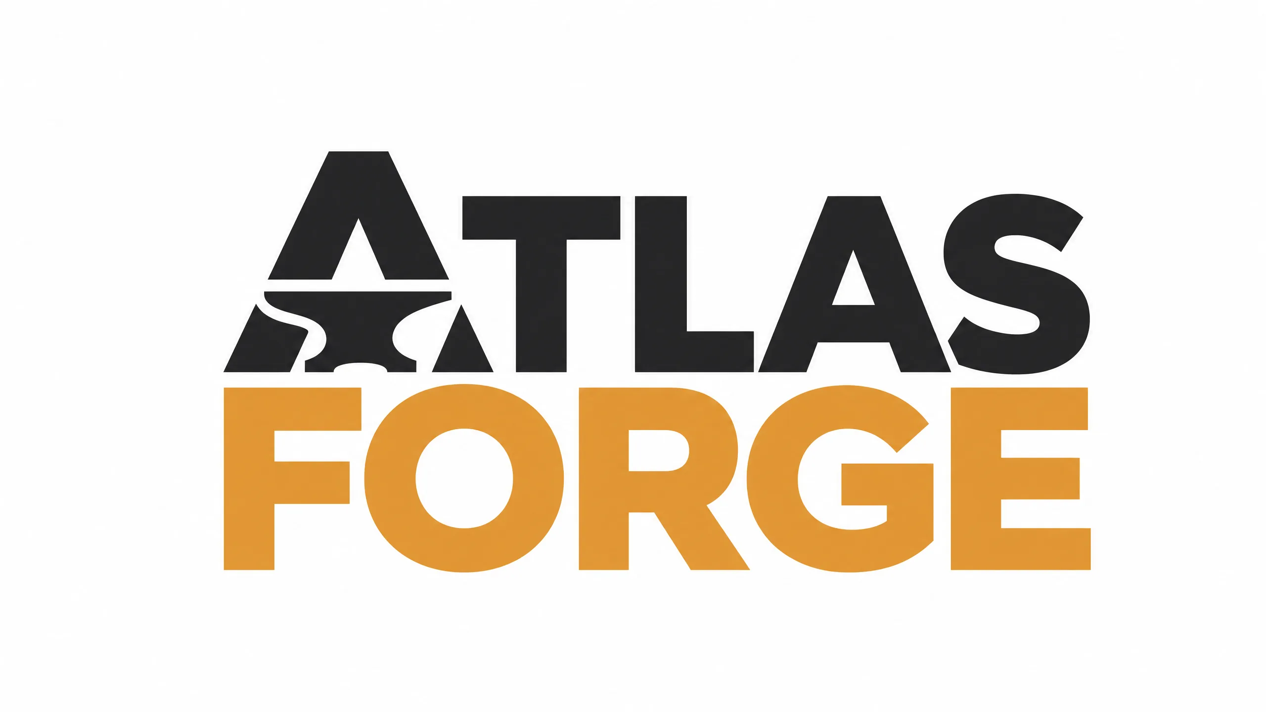 Flat vector ATLAS FORGE wordmark for a steel manufacturer with the A stylized as an anvil silhouette, two-color charcoal and amber palette, Paul Rand mid-century discipline