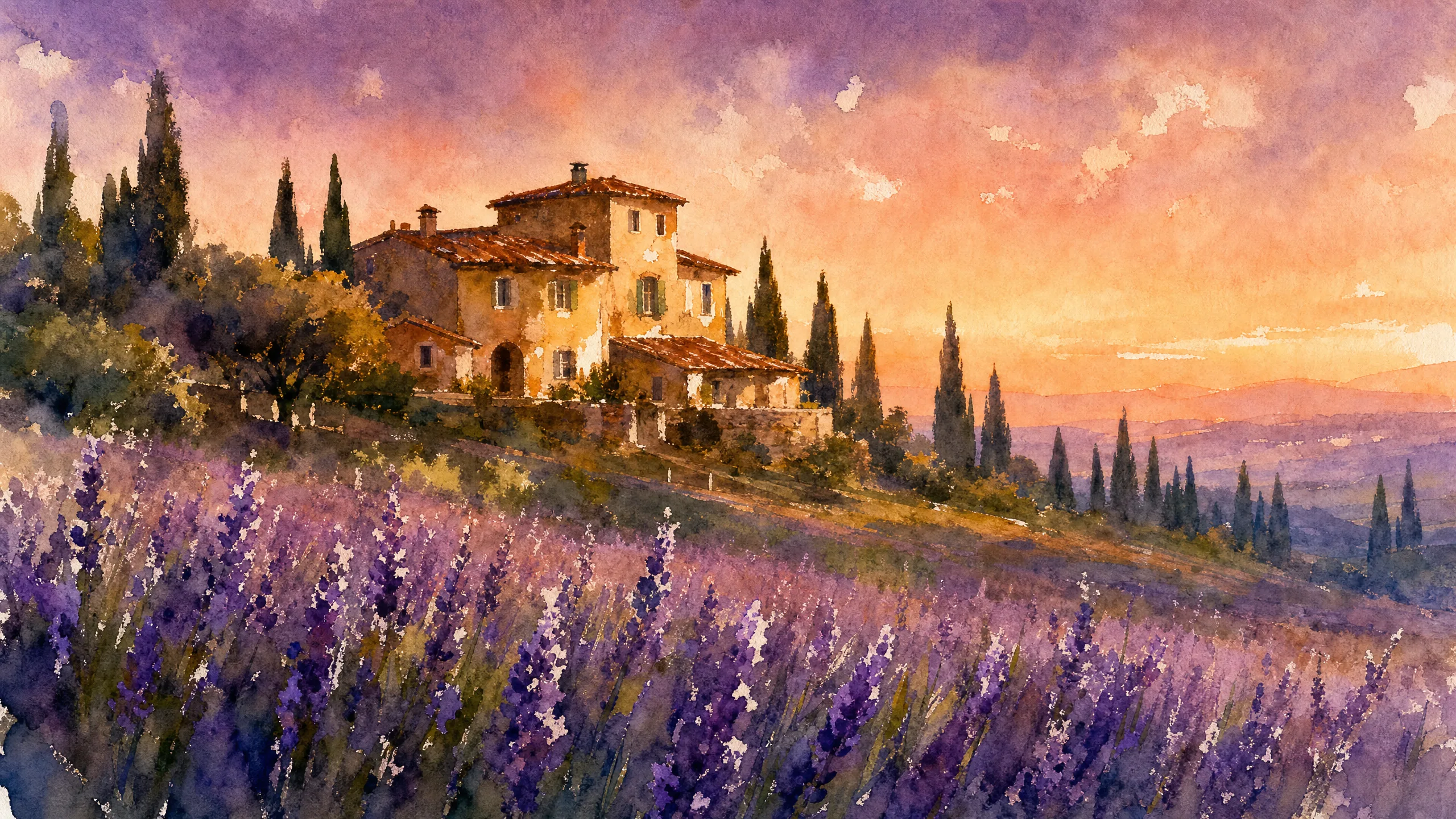 Wet-on-wet watercolor painting of a Tuscan hillside villa at dusk with a foreground lavender field, cypress silhouettes, and visible paper-fiber bleeding edges in John Singer Sargent style