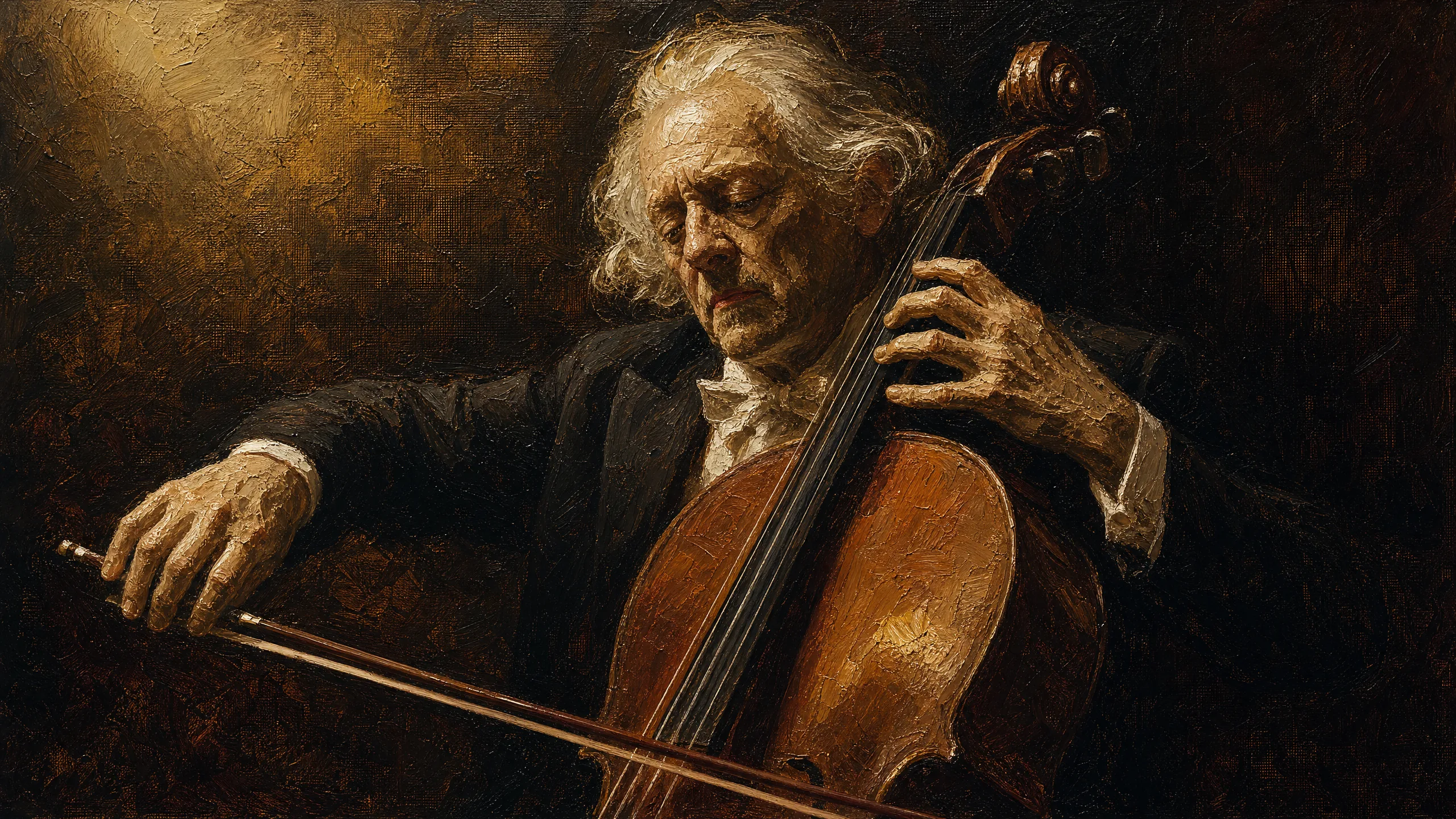 Oil-on-canvas portrait of an elderly cellist mid-bow with deep Rembrandt chiaroscuro lighting, visible impasto brushwork, palette-knife scrapes, warm umber and burnt sienna palette
