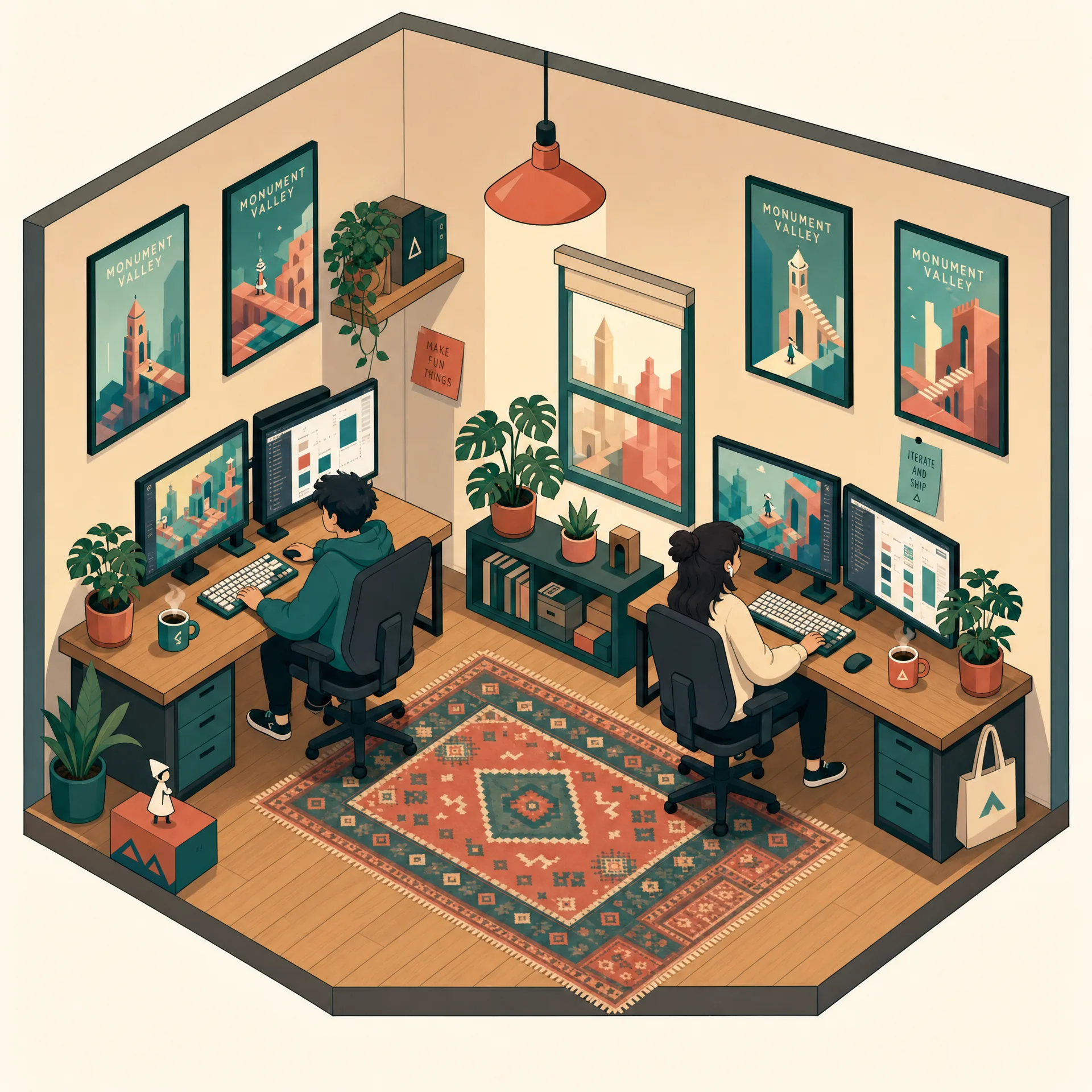 Isometric 30-degree axonometric illustration of a cozy two-person indie game-dev studio with twin desks, monitors, plants, Monument Valley posters, in flat color blocks
