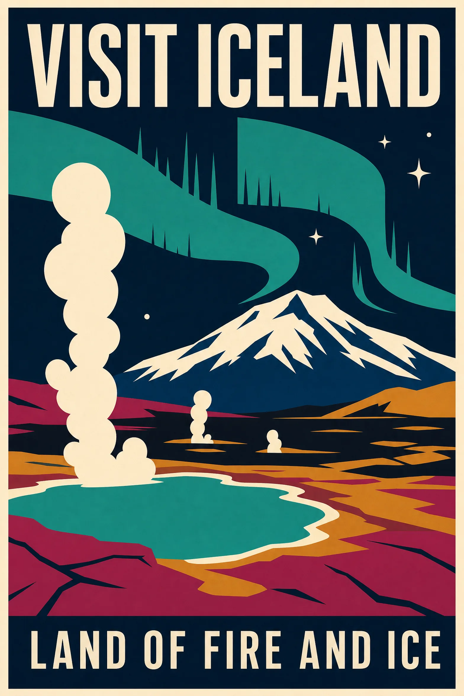 Flat vector VISIT ICELAND travel poster with a stylized geothermal landscape, hot spring steam columns, aurora borealis ribbon, and Saul Bass mid-century graphic discipline