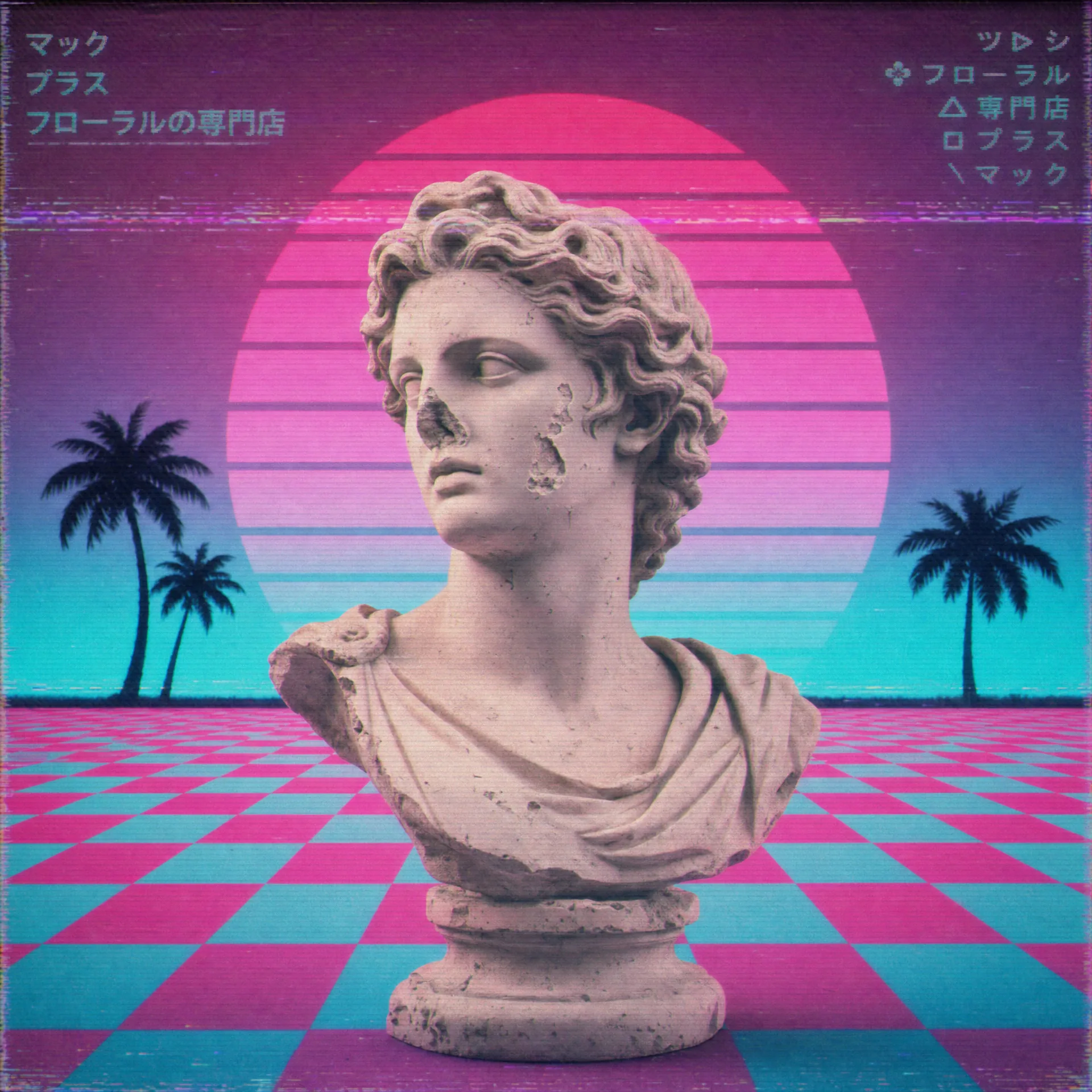 Square vaporwave poster with a chipped Greek Apollo bust against a magenta and cyan sun-band sunset, checkerboard floor, palm silhouettes, VHS scan lines, Floral Shoppe aesthetic