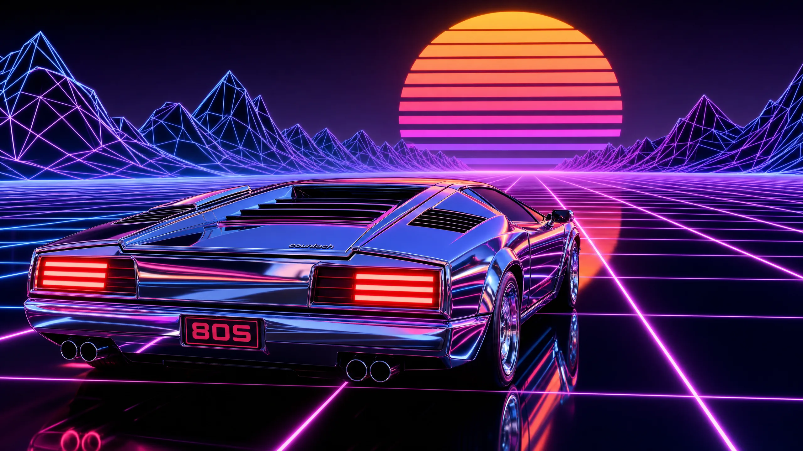 80s retro synthwave hero of a glossy chrome sports car driving into a neon sunset on an infinite grid floor with magenta and electric blue reflections, Hajime Sorayama chrome futurism