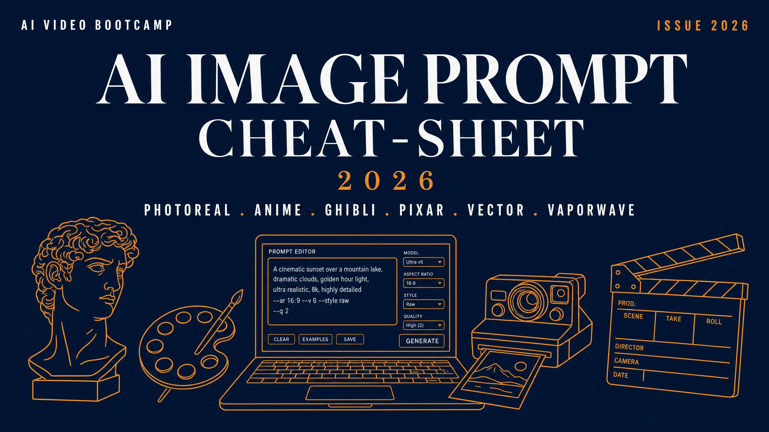 Magazine-cover hero in dark navy with white display serif title AI IMAGE PROMPT CHEAT-SHEET 2026 plus a warm orange line-art workspace illustration of a designer's prompt editor, paint palette, polaroid camera, Greek statue, and film slate