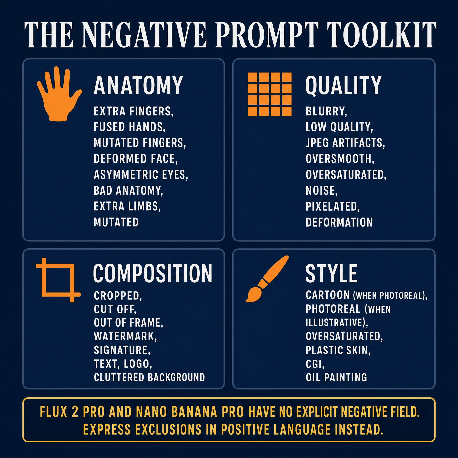 Four-quadrant cheat-card listing 32 negative prompt phrases across Anatomy, Quality, Composition, and Style with the Flux 2 Pro and Nano Banana Pro positive-language exclusion warning
