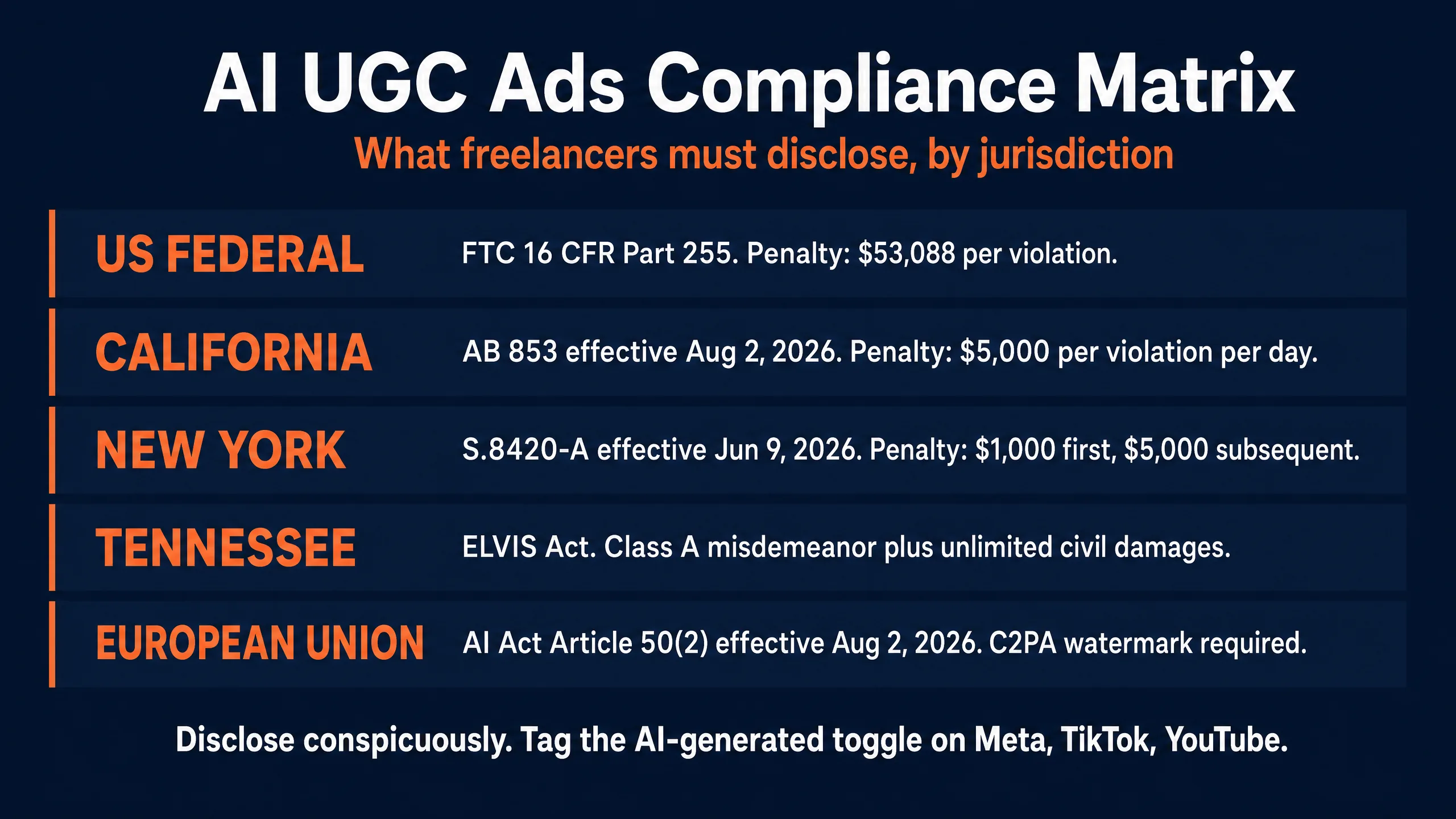 AI UGC Ads Compliance Matrix showing US Federal FTC 16 CFR Part 255 with $53,088 penalty, California AB 853 effective Aug 2 2026 with $5,000 per violation per day penalty, New York S.8420-A effective Jun 9 2026, Tennessee ELVIS Act, and European Union AI Act Article 50(2) effective Aug 2 2026