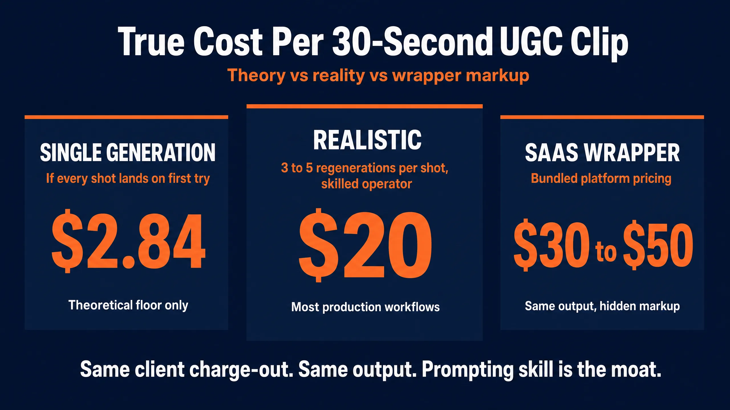 True Cost Per 30-Second UGC Clip three-column comparison showing single generation $2.84 theoretical floor, realistic $20 with 3 to 5 regenerations, and SaaS wrapper $30 to $50 bundled pricing