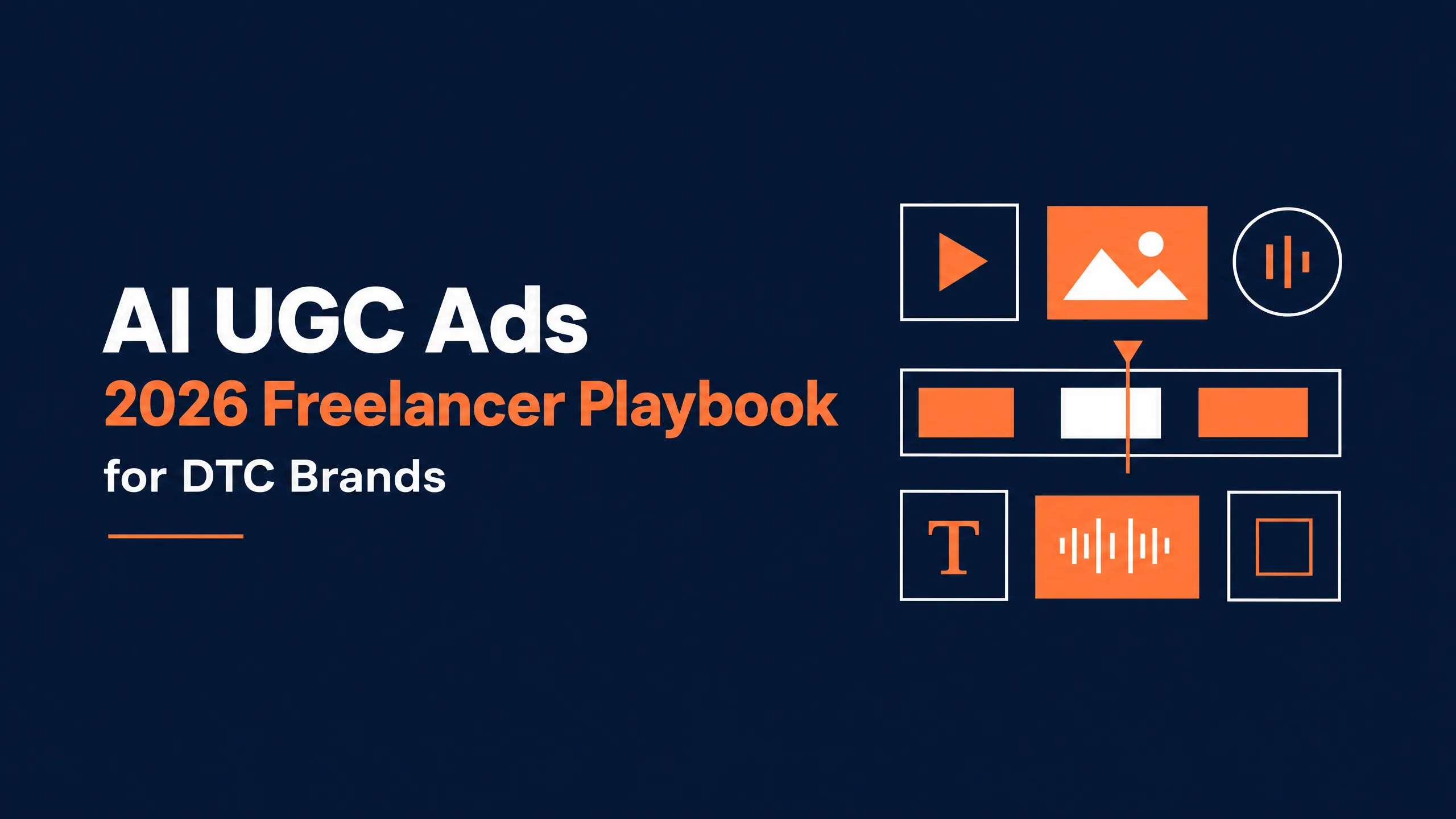 AI UGC Ads 2026 Freelancer Playbook for DTC Brands hero in dark navy and warm orange with abstract media tiles representing a video editing timeline