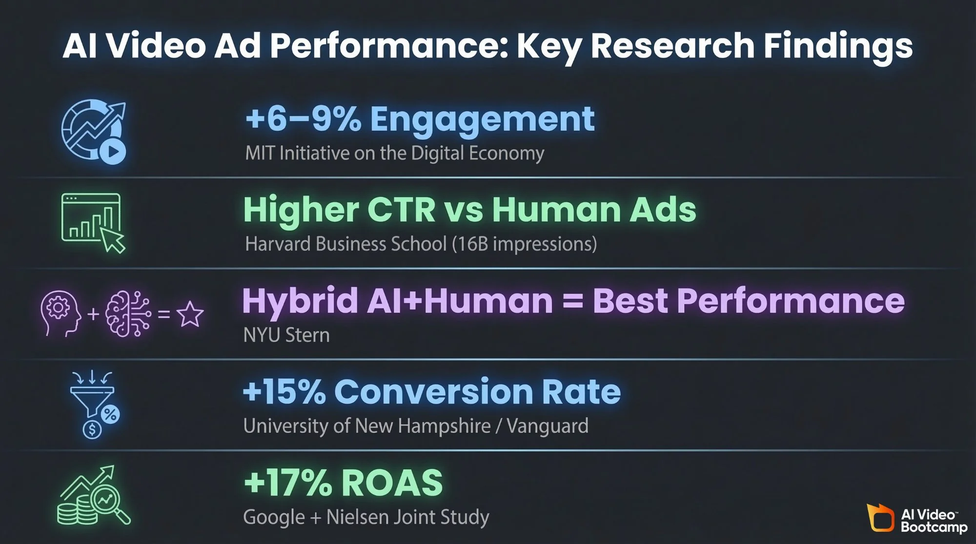 AI video ad performance research findings: +6-9% engagement (MIT), higher CTR (Harvard), hybrid AI+human best performance (NYU Stern), +15% conversion rate (UNH/Vanguard), +17% ROAS (Google/Nielsen)