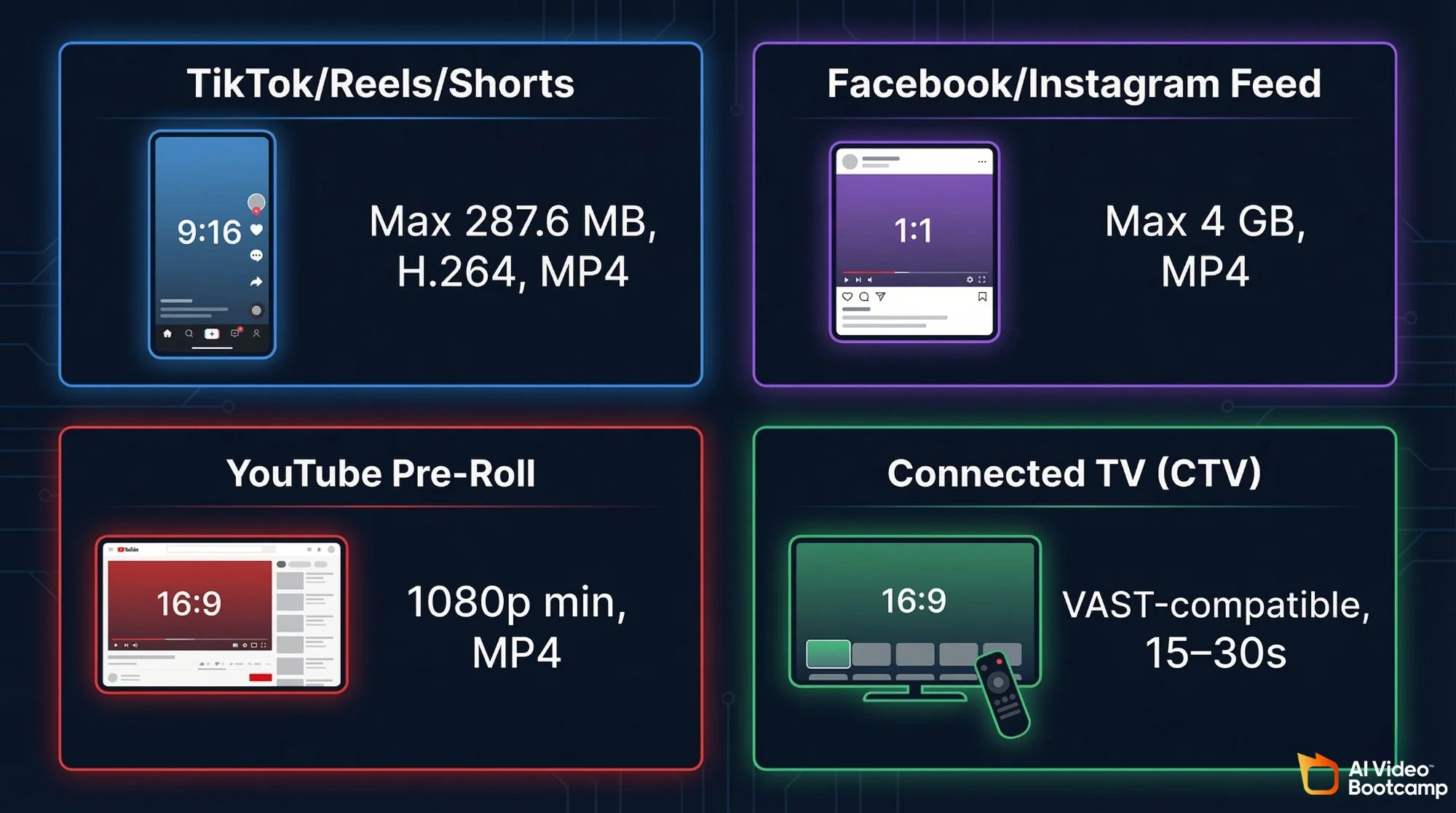 Video ad export specs by platform: TikTok/Reels/Shorts 9:16 max 287.6MB H.264 MP4; Facebook/Instagram Feed 1:1 max 4GB MP4; YouTube Pre-Roll 16:9 1080p min MP4; Connected TV 16:9 VAST-compatible 15-30s
