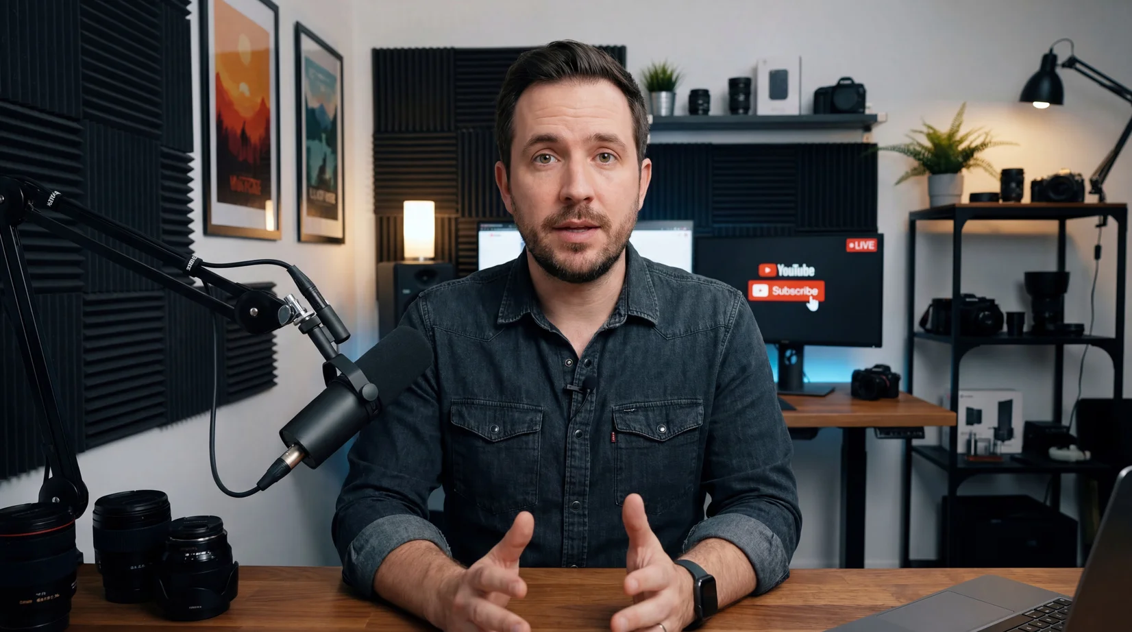 AI-generated content creator in a professional studio setup demonstrating business video production