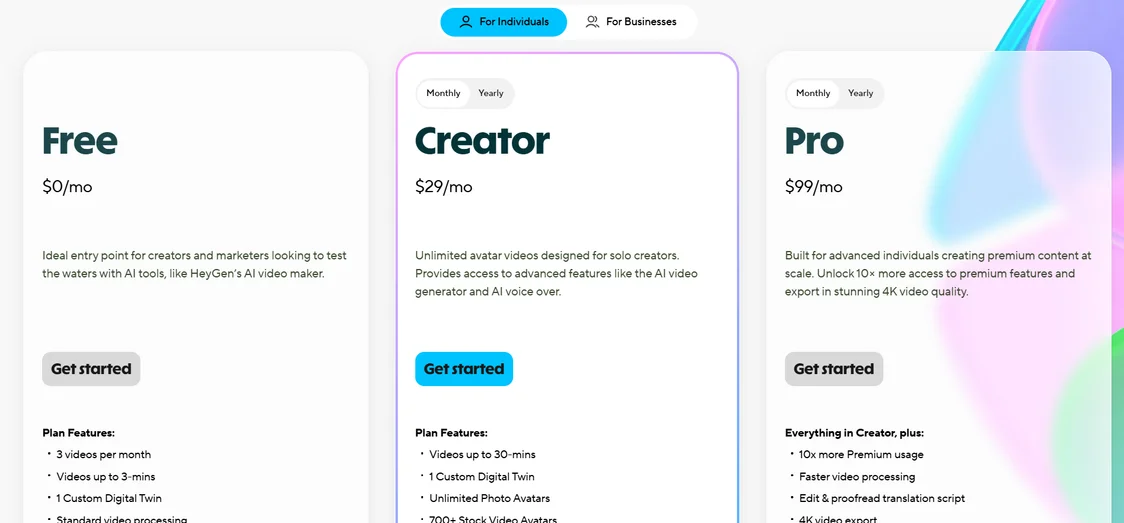 HeyGen pricing plans showing Free, Creator, and Pro tiers for business video creation