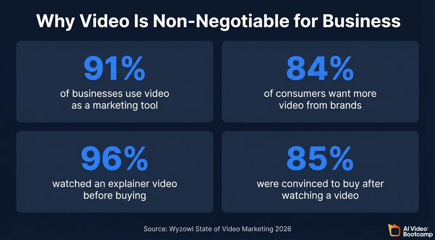 Why video is non-negotiable for business: 91% of businesses use video as a marketing tool, 84% of consumers want more video from brands, 96% watched an explainer video before buying, 85% were convinced to buy after watching a video