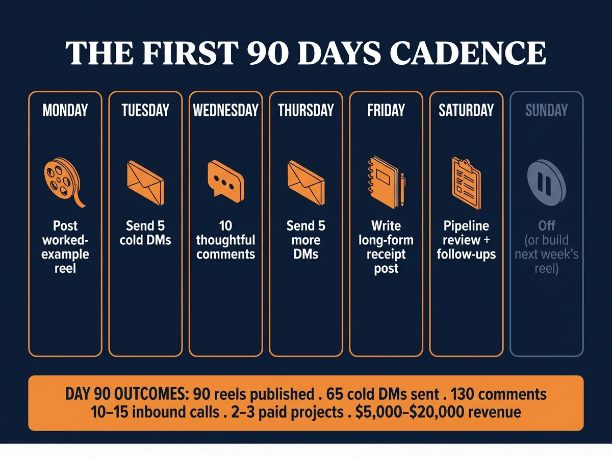 The First 90 Days Cadence weekly calendar showing Monday post worked-example reel, Tuesday send 5 cold DMs, Wednesday 10 thoughtful comments, Thursday send 5 more DMs, Friday write long-form receipt post, Saturday pipeline review and follow-ups, Sunday off, with Day 90 outcomes of 90 reels, 65 DMs, 130 comments, 10-15 inbound calls, and $5K-$20K revenue