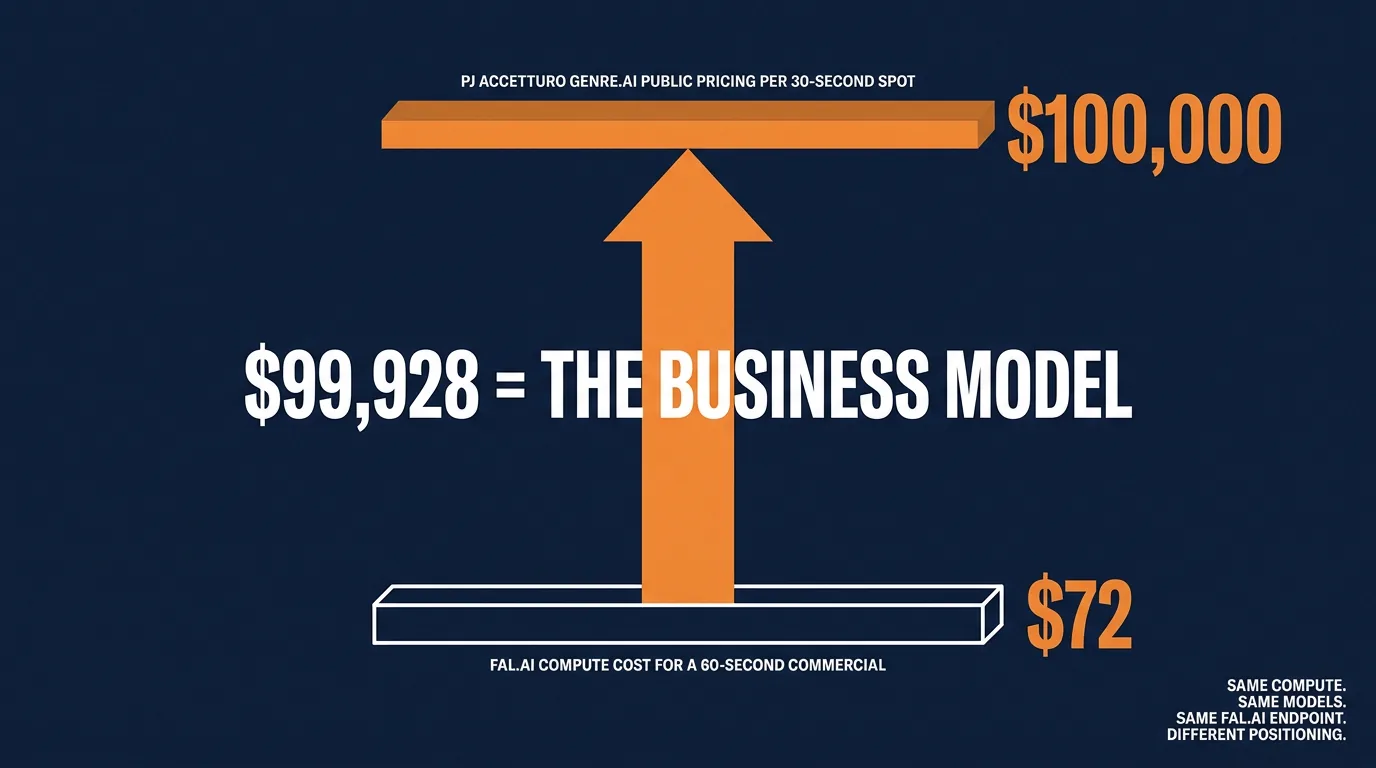 The arbitrage gap visualized: $72 fal.ai compute cost for a 60-second commercial at the bottom versus PJ Accetturo Genre.ai $100,000 per 30-second spot at the top, with a $99,928 = the business model label between them