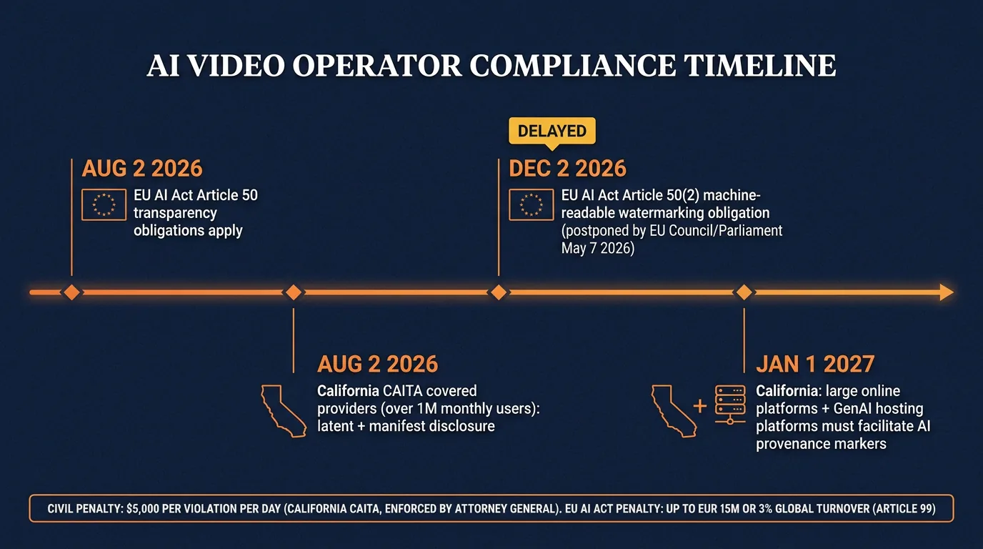 AI Video Operator Compliance Timeline showing four dated milestones: August 2, 2026 EU AI Act Article 50 transparency obligations apply, August 2, 2026 California CAITA covered providers latent plus manifest disclosure, December 2, 2026 EU AI Act Article 50(2) machine-readable watermarking marked DELAYED by EU Council and Parliament May 7 2026, and January 1, 2027 California large online platforms and GenAI hosting platforms must facilitate AI provenance markers, with penalty notes for CAITA $5,000 per violation per day and EU AI Act up to EUR 15M or 3 percent global turnover