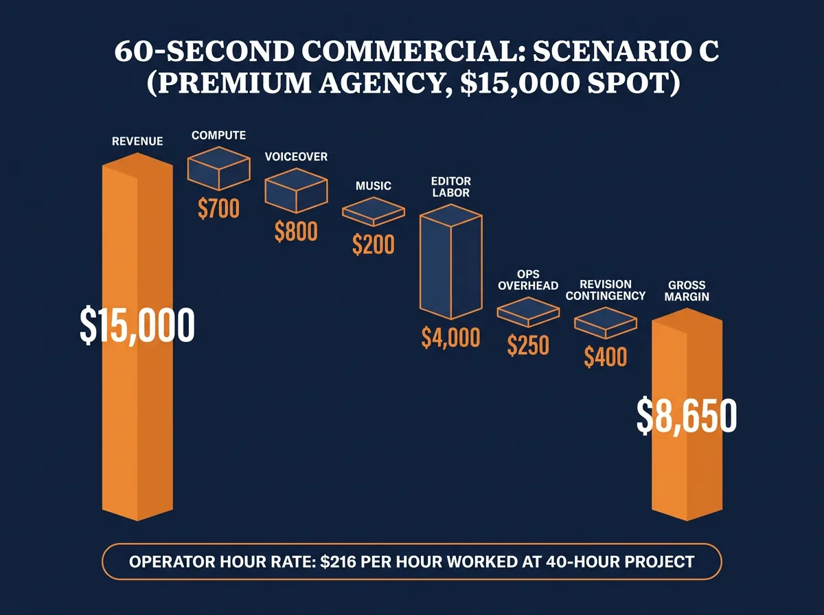 60-second commercial Scenario C cost waterfall for a $15,000 premium agency spot: $15,000 revenue minus $700 compute, $800 voiceover, $200 music, $4,000 editor labor, $250 ops overhead, and $400 revision contingency, leaving $8,650 gross margin and a $216 per hour operator rate