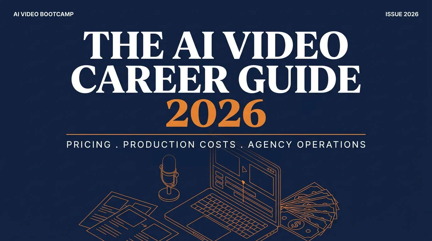 The AI Video Career Guide 2026 hero cover: pricing, production costs, and agency operations editorial title in white and orange on dark navy with an orange line-art workspace illustration of laptop, microphone, storyboards, and cash fan