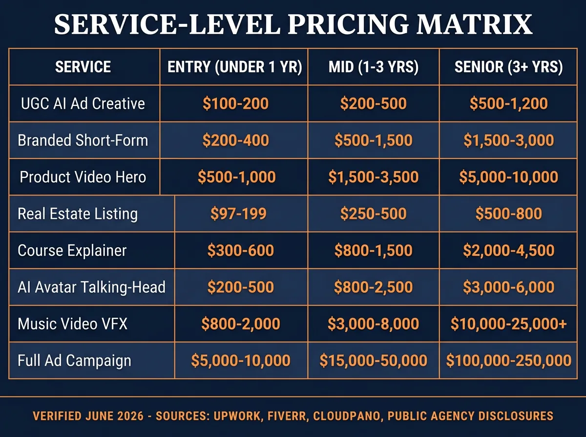 Service-Level Pricing Matrix 8-row table showing UGC AI Ad Creative, Branded Short-Form, Product Video Hero, Real Estate Listing, Course Explainer, AI Avatar Talking-Head, Music Video VFX, and Full Ad Campaign price ranges across Entry, Mid, and Senior experience tiers, verified June 2026 from Upwork, Fiverr, CloudPano, and public agency disclosures
