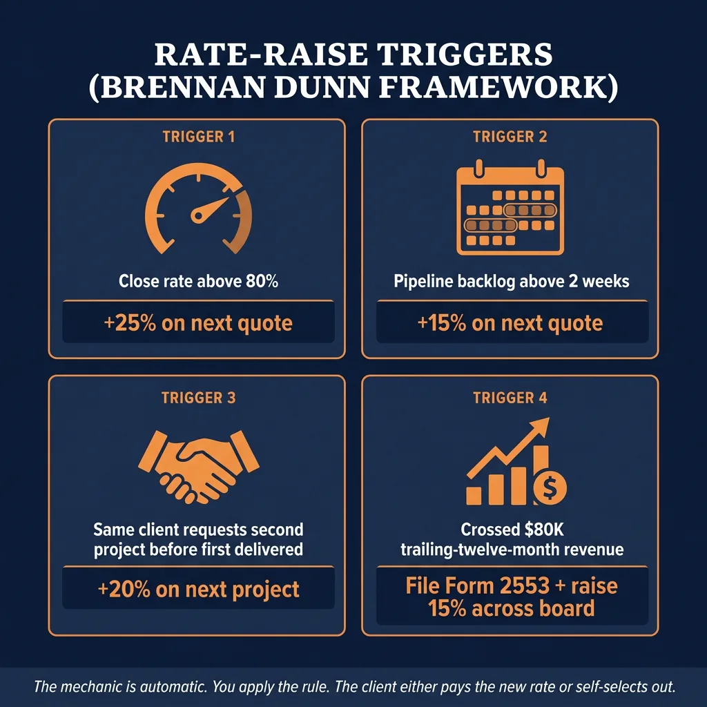 Rate-raise triggers 2 by 2 grid based on Brennan Dunn framework: Trigger 1 close rate above 80 percent plus 25 percent on next quote, Trigger 2 pipeline backlog above 2 weeks plus 15 percent, Trigger 3 same client requests second project before first delivered plus 20 percent, Trigger 4 crossed $80K trailing twelve month revenue file Form 2553 plus raise 15 percent across the board