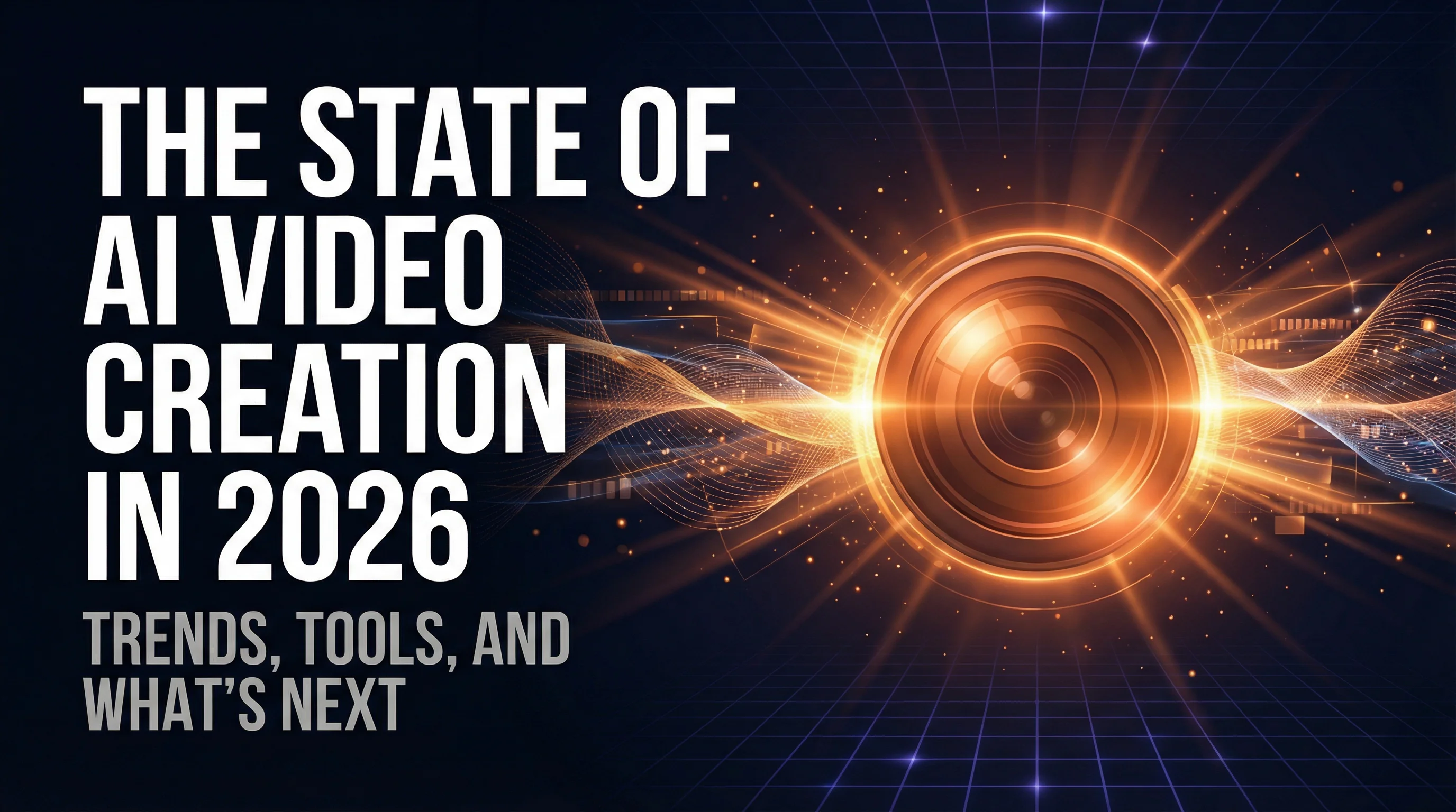 The State of AI Video Creation in 2026 - dark themed hero image with cinematic lens design showing trends, tools and predictions