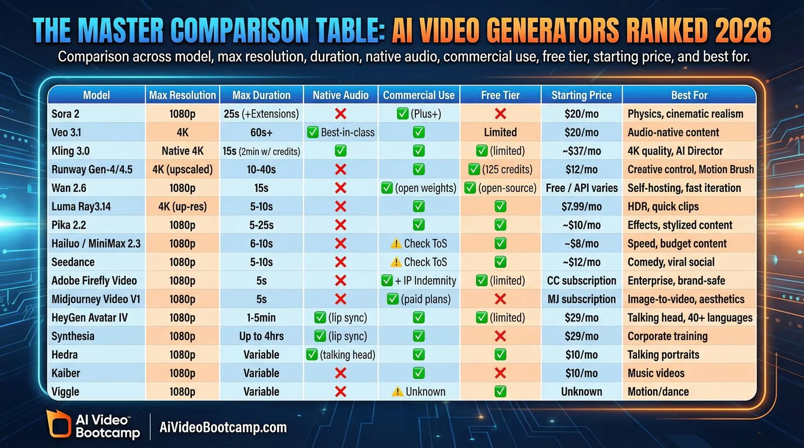 AI video generators ranked 2026 master comparison table