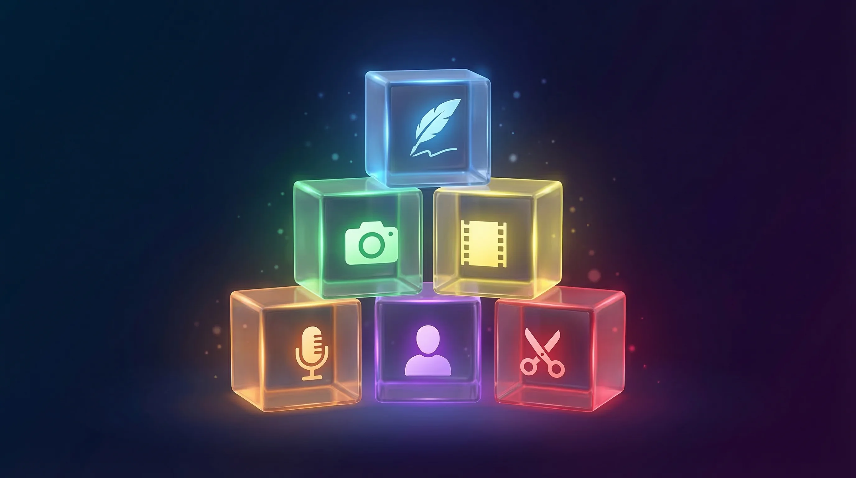 Six glowing skill cubes in pyramid formation representing the AI video skill stack