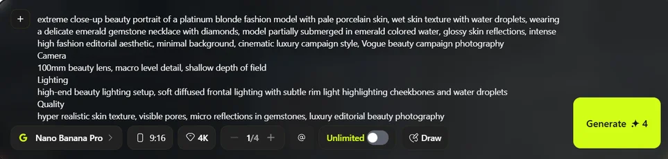 AI prompt interface showing detailed text-to-image prompt for photorealistic content generation