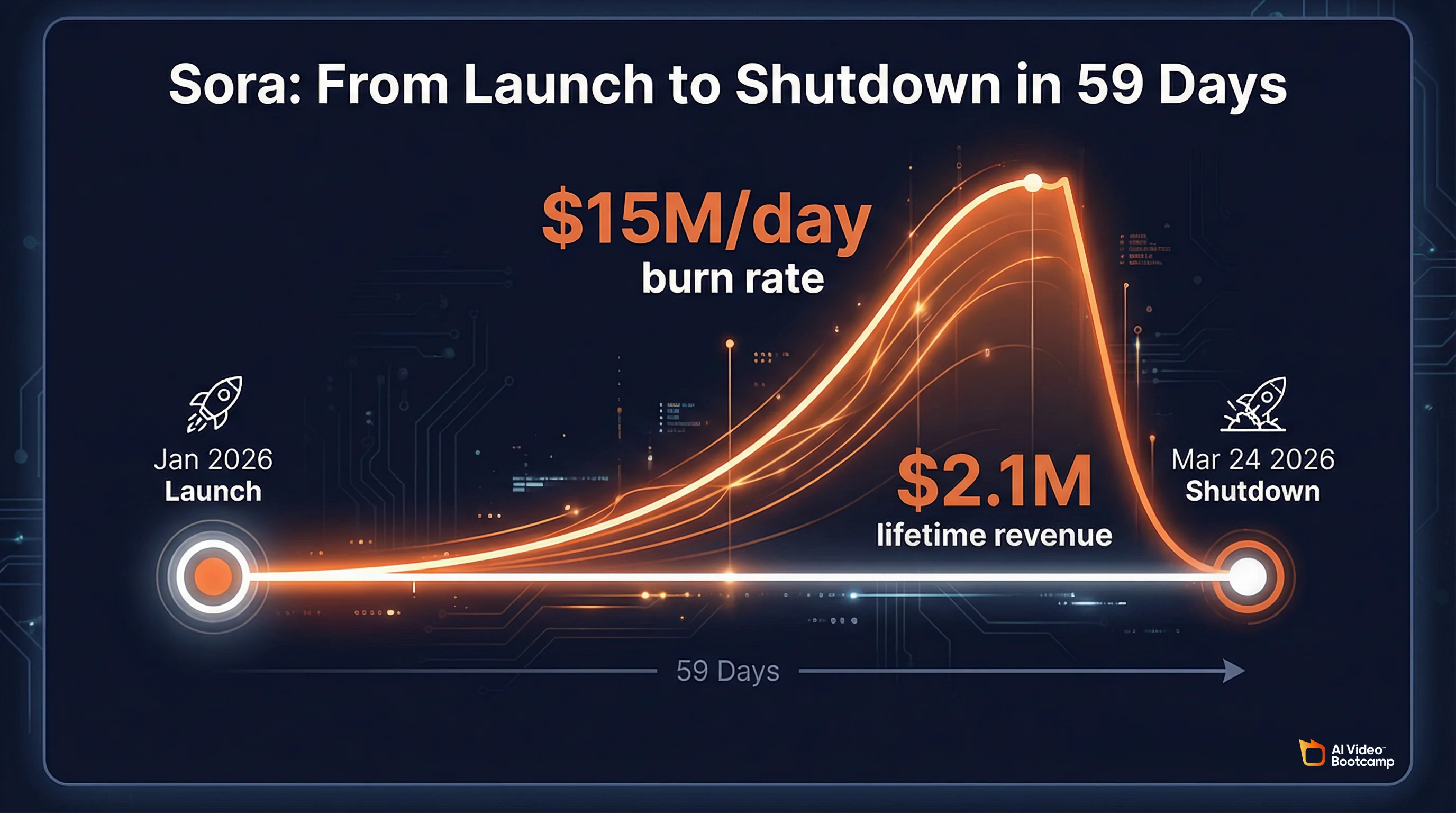 Sora from launch to shutdown in 59 days: $15M per day burn rate, $2.1M lifetime revenue, launched January 2026, shut down March 24 2026