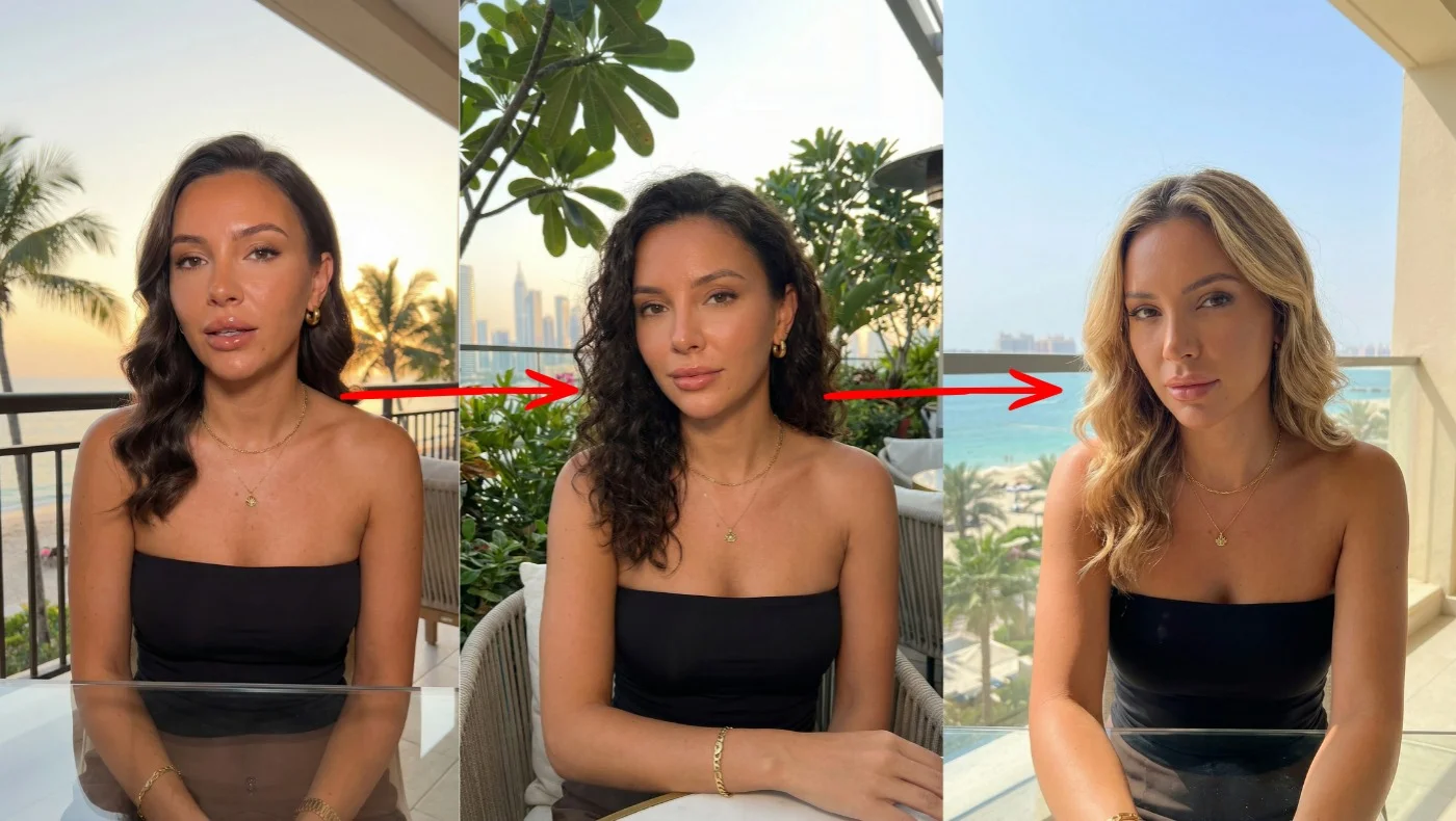 AI-generated character shown consistently across three different scenes demonstrating identity drift correction