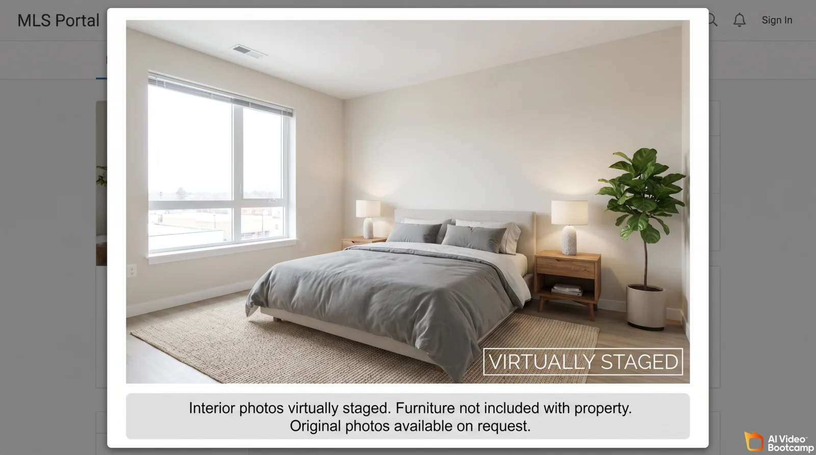 MLS portal screenshot showing a virtually staged bedroom with a clearly visible Virtually Staged watermark in the lower right corner of the image and a caption below the photo reading Interior photos virtually staged, Furniture not included with property, Original photos available on request
