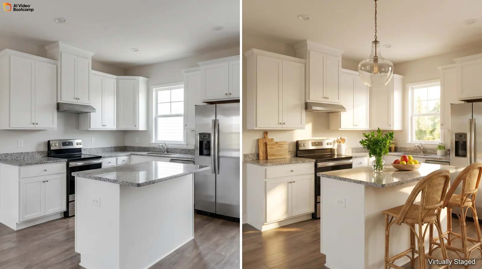 Side by side comparison of an empty kitchen with white cabinets and granite countertops on the left and the same kitchen virtually staged with a wood cutting board, fruit bowl, fresh herbs, woven bar stools, and a pendant light on the right, with a Virtually Staged watermark in the lower right corner
