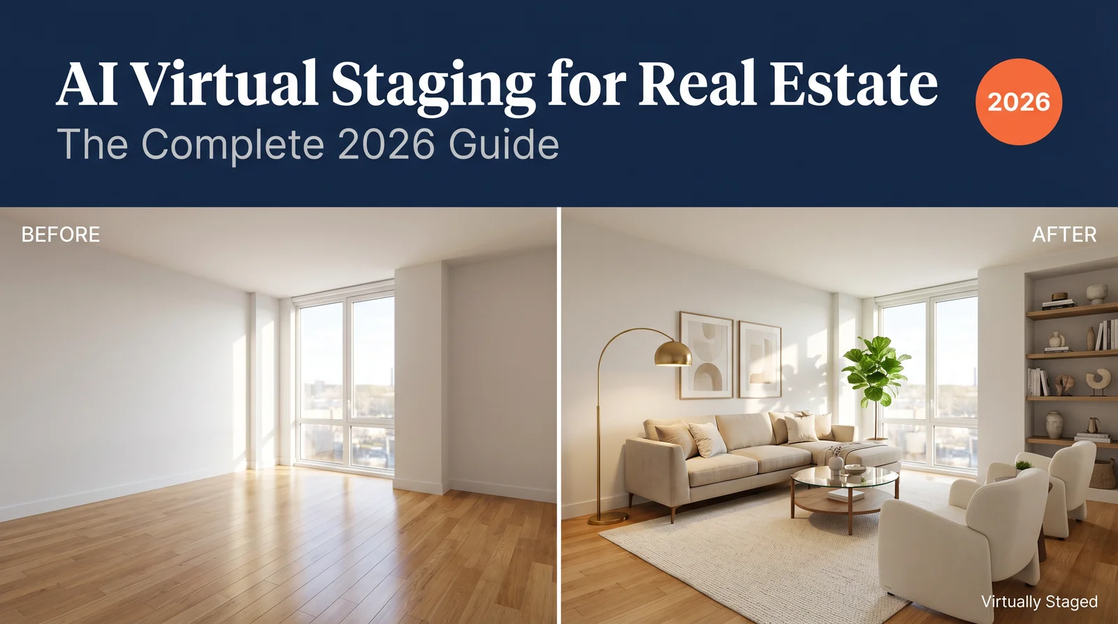 AI virtual staging 2026 hero showing an empty living room on the left and the same room virtually staged with modern furniture on the right, with a Virtually Staged watermark in the lower corner