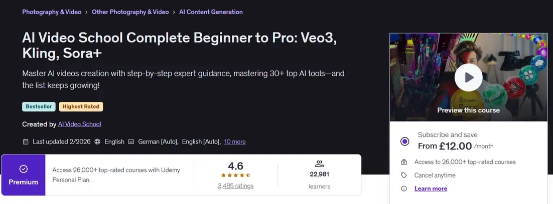AI Video School on Udemy showing Bestseller and Highest Rated badges with 4.6 stars and 22,981 learners