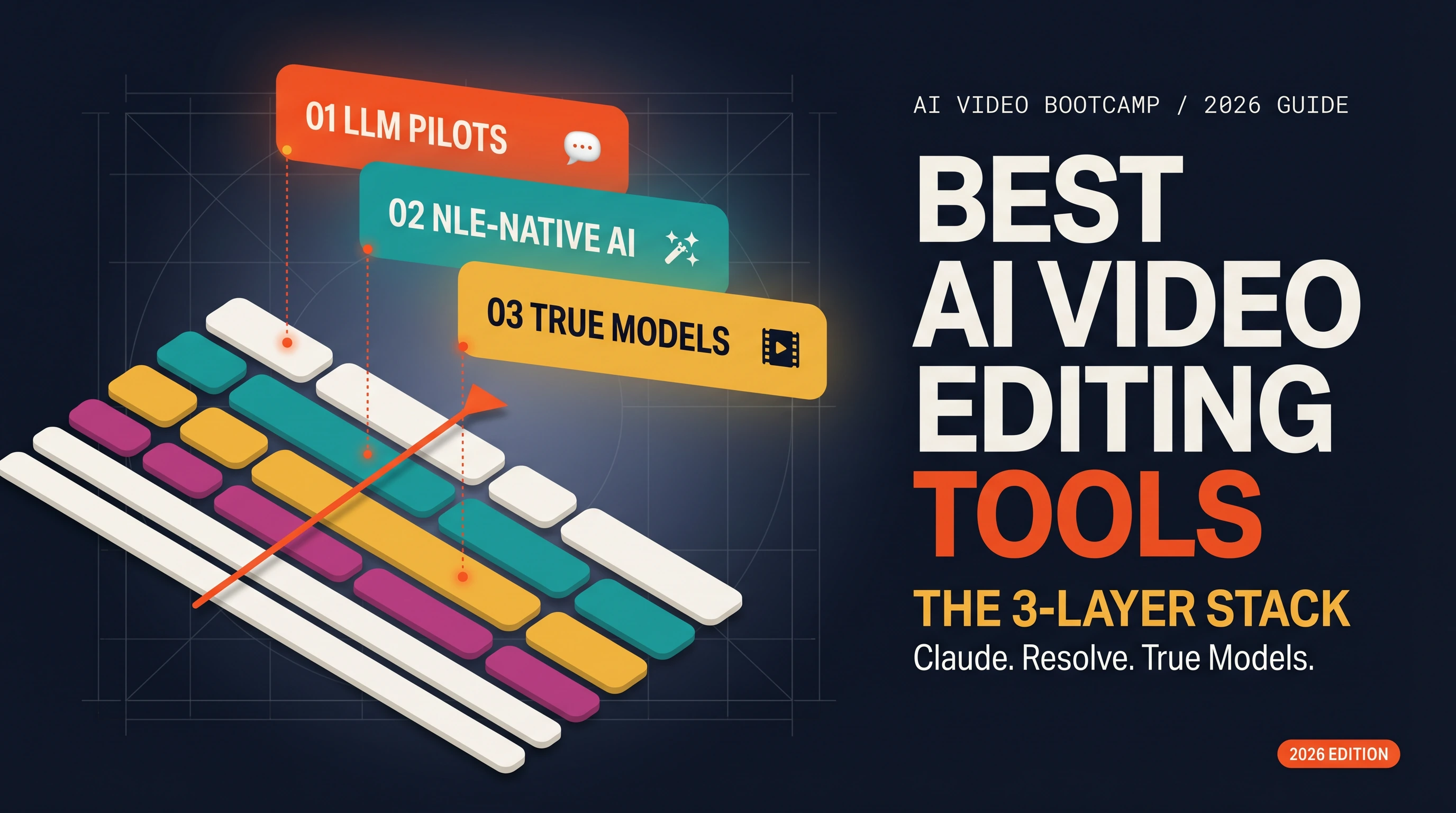 Diagram of the 3-layer AI video editing stack: LLM pilots, NLE-native AI, and True Model plug-ins
