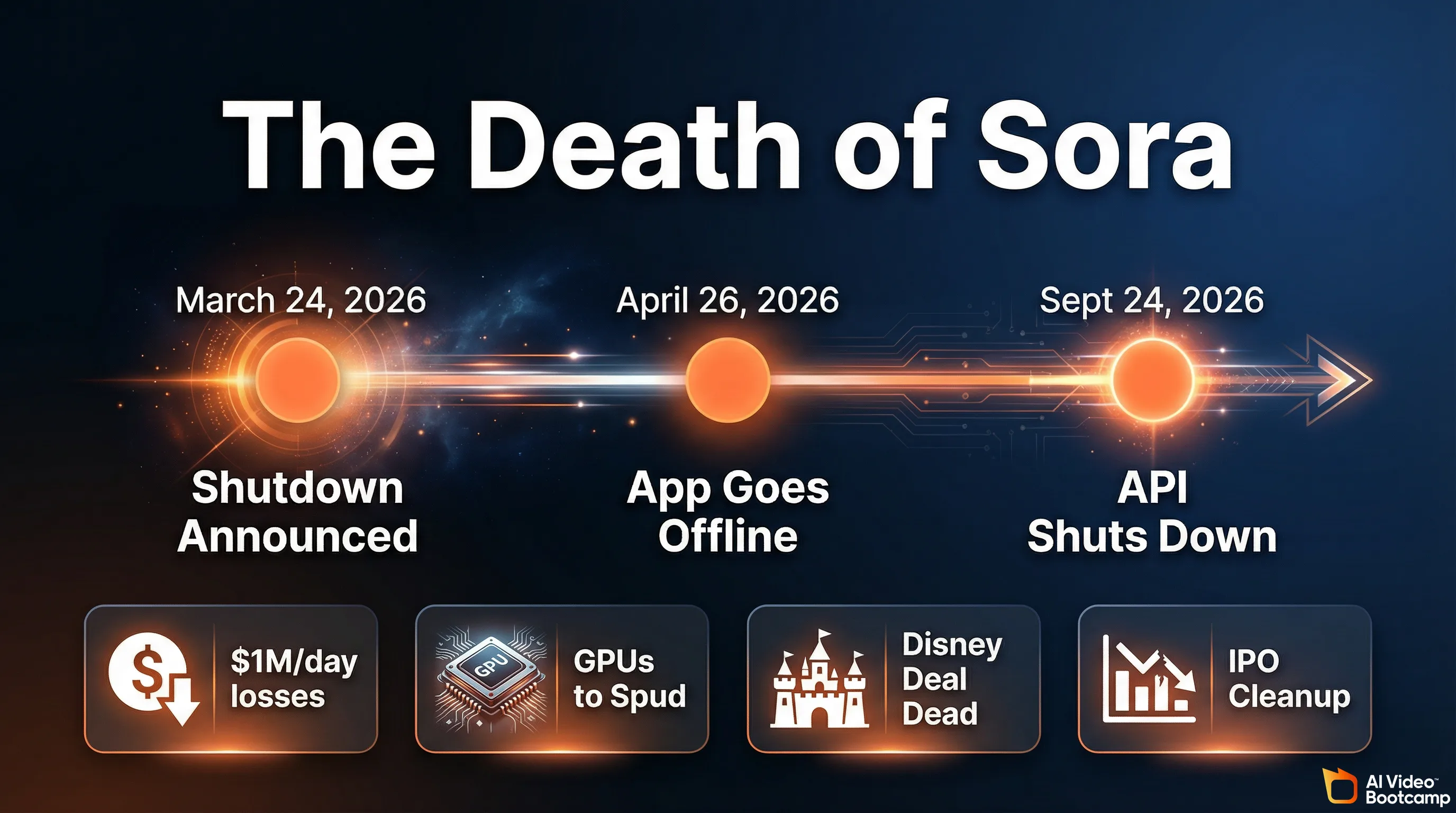 The Death of Sora timeline infographic showing March 24 2026 shutdown announced, April 26 2026 app goes offline, September 24 2026 API shuts down, with reasons including $1M per day losses, GPUs reallocated to Spud, Disney deal collapse, and IPO cleanup