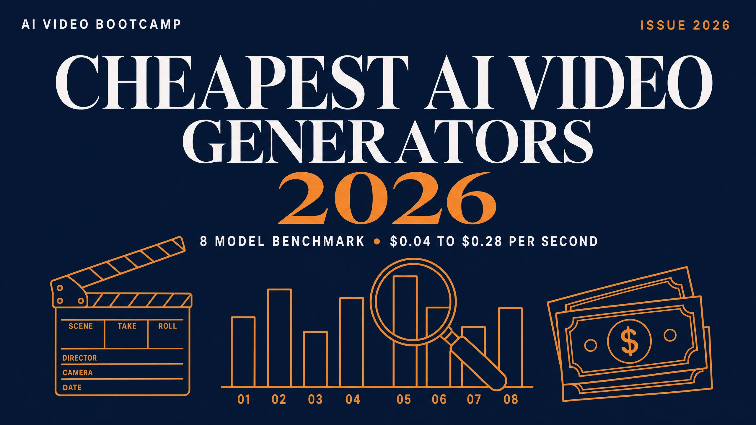 Cheapest AI Video Generators 2026 hero in dark navy and warm orange showing the 8-model benchmark $0.04 to $0.28 per second range with a workspace line illustration of a clapperboard, an 8-bar comparison chart with magnifying glass, and a stack of dollar bills