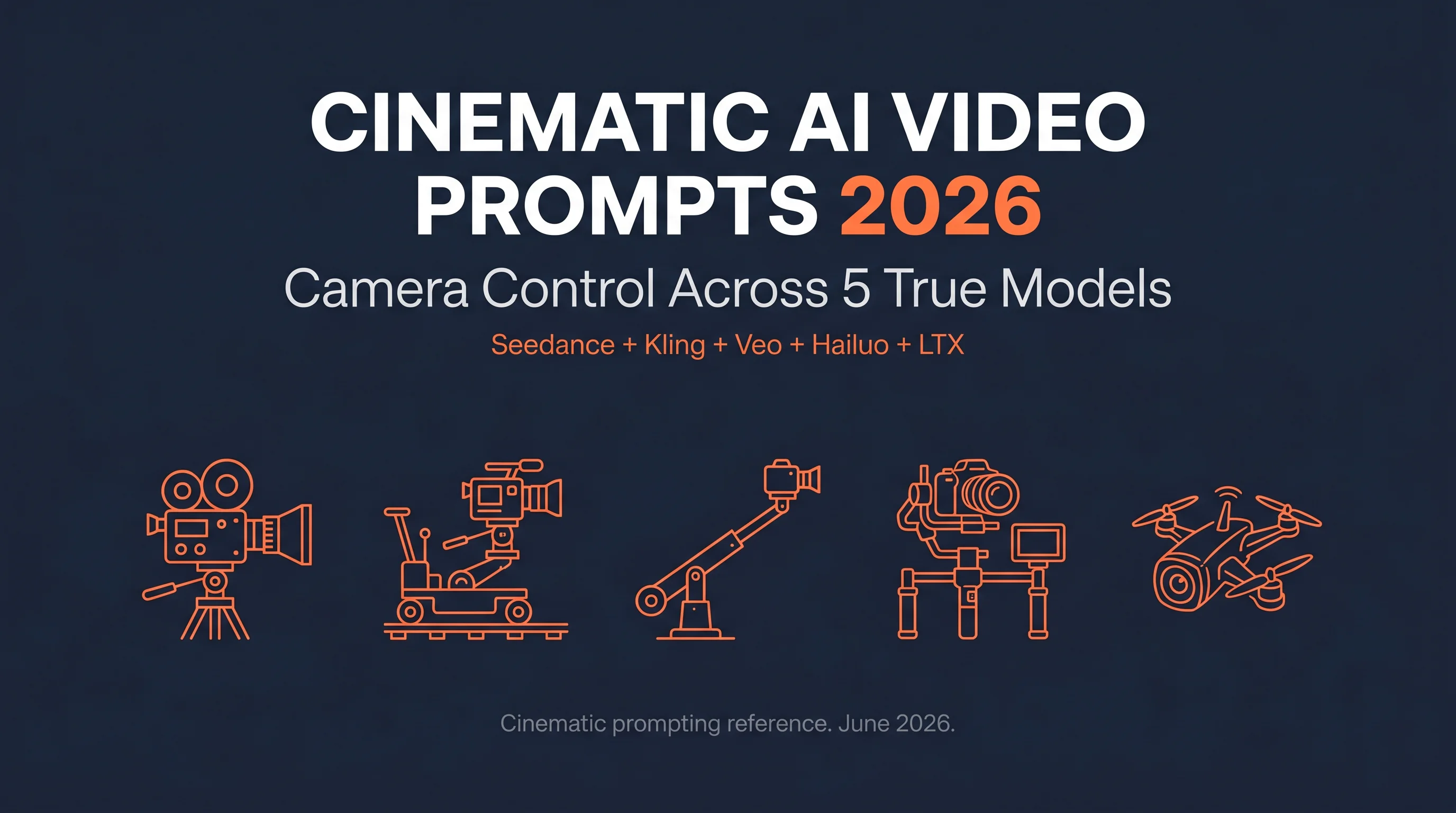 Cinematic AI Video Prompts 2026 Camera Control hero image with title in white and orange on dark navy background, 5 True Model video tools labeled Seedance Kling Veo Hailuo LTX