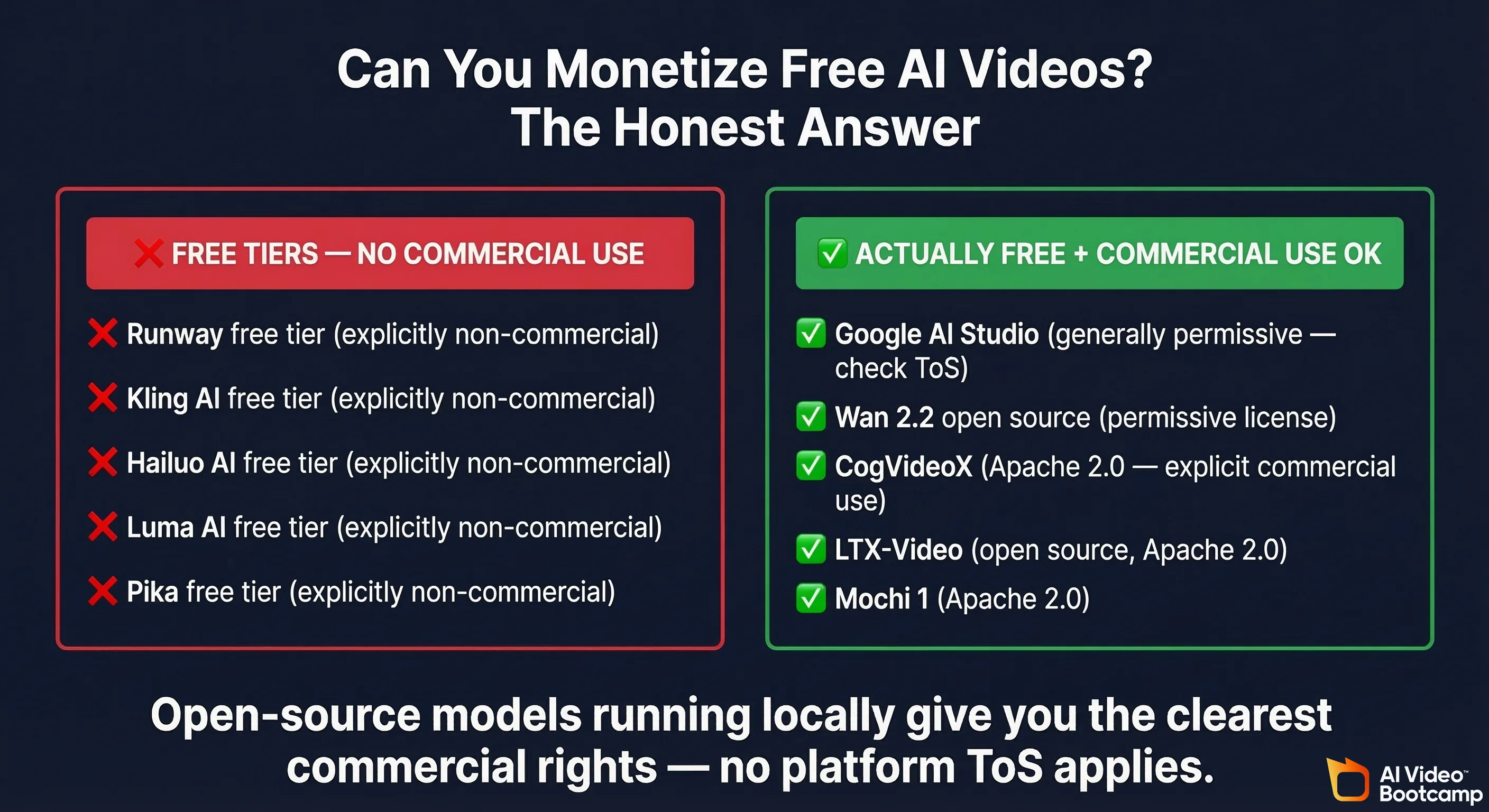 Can you monetize free AI videos comparison chart showing red column for cloud tools including Runway, Kling AI, Hailuo AI, Luma AI, and Pika that all prohibit commercial use on free tiers versus green column for open-source models including Wan 2.2, CogVideoX, and LTX-Video with Apache 2.0 permissive licenses that explicitly allow commercial use