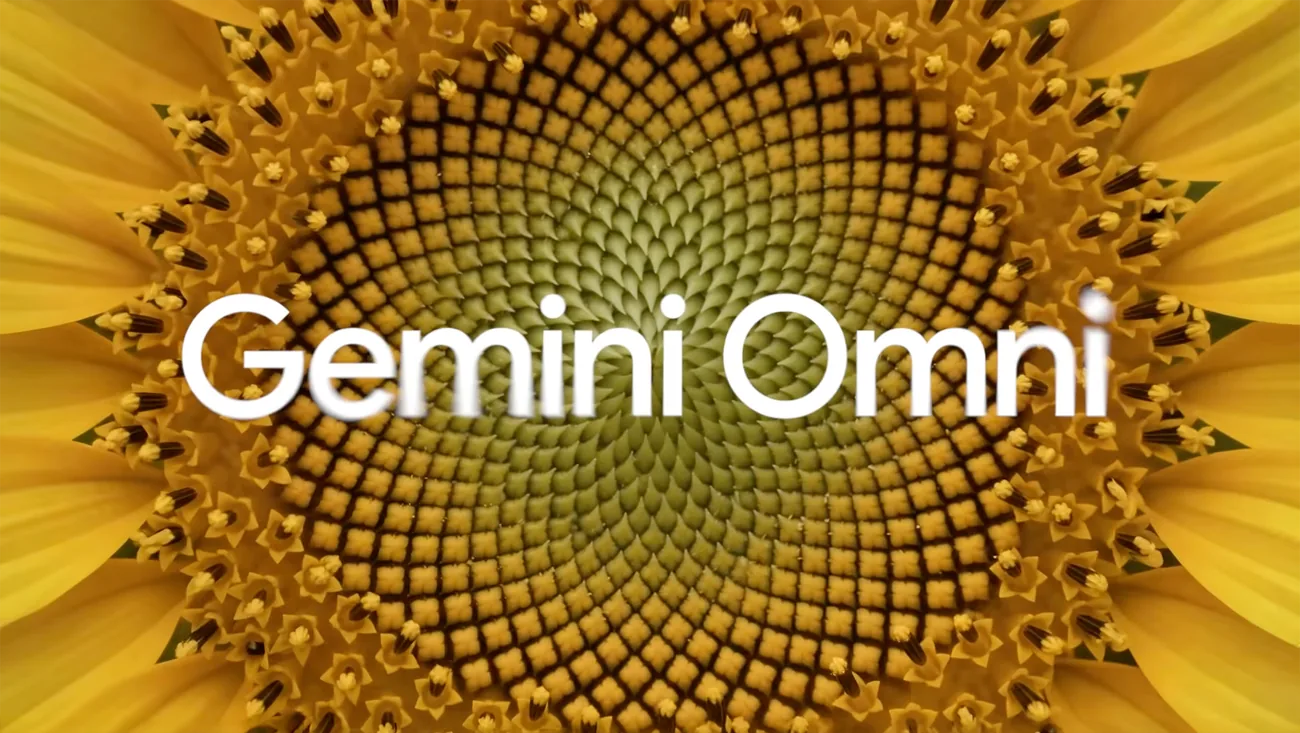 Gemini Omni reveal still: macro close-up of a sunflower's spiral seed pattern with the Gemini Omni wordmark overlaid in white, from Google DeepMind's I/O 2026 keynote