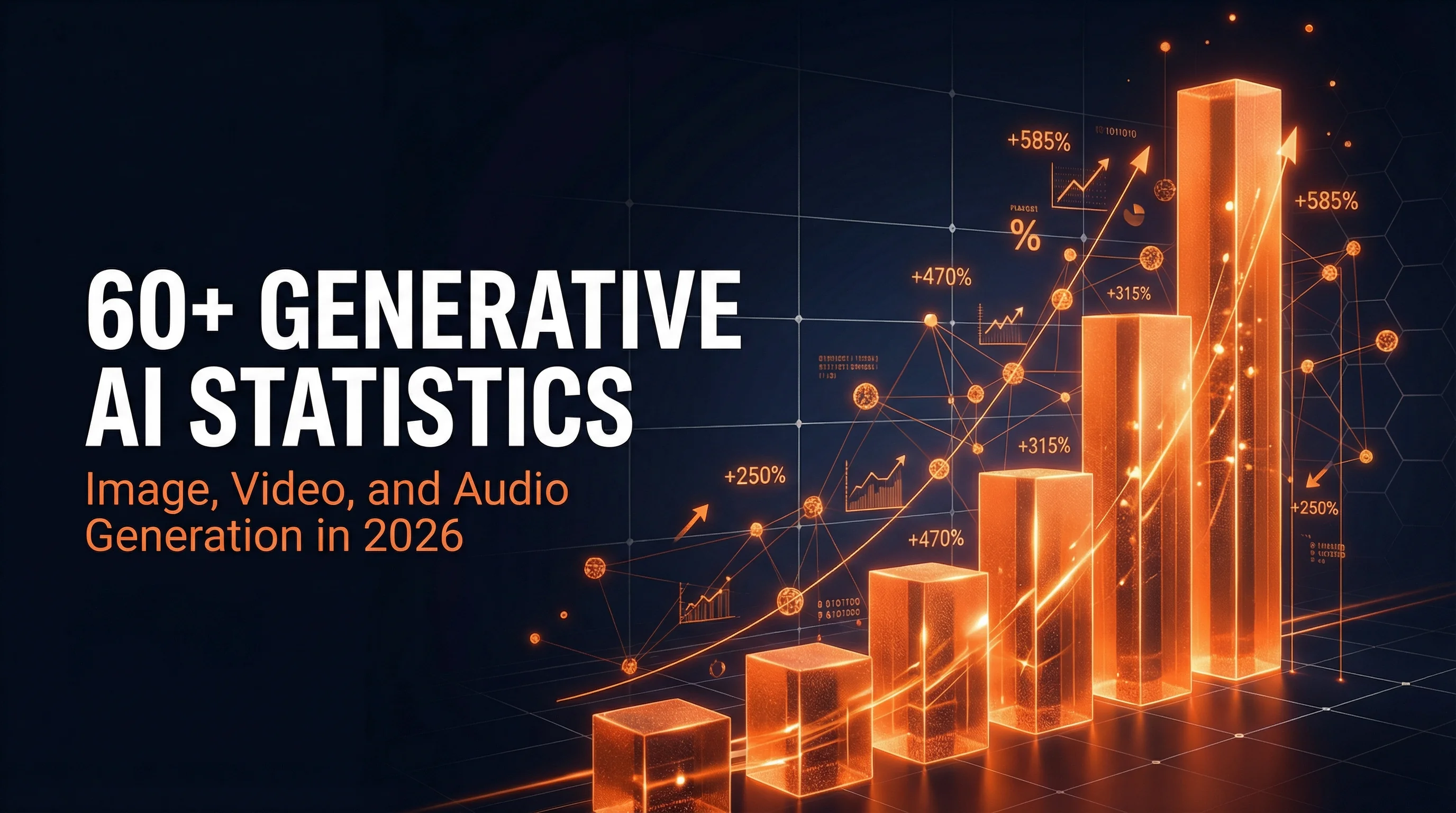 60+ Generative AI Statistics for Image, Video, and Audio Generation in 2026 - dark themed infographic with orange bar chart showing growth metrics