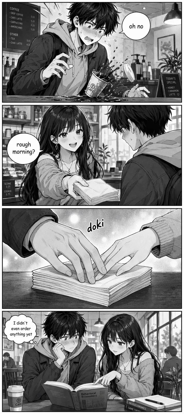 GPT Image 2.0 four-panel manga page with dialogue, courier running through rainy Tokyo alley, speech bubbles and page number p.01