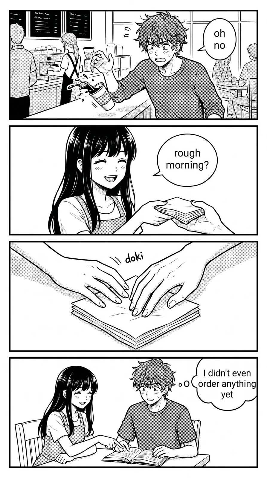Nano Banana Pro four-panel manga page with dialogue, same prompt as GPT 2.0, dialogue balloons and SFX rendered in manga style
