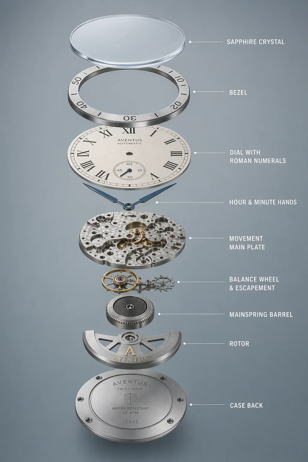 GPT Image 2.0 exploded wristwatch product photograph with sapphire crystal, dial, hands, movement, crown, case and strap labeled Ref 1887 Anatomy Of A Calibre
